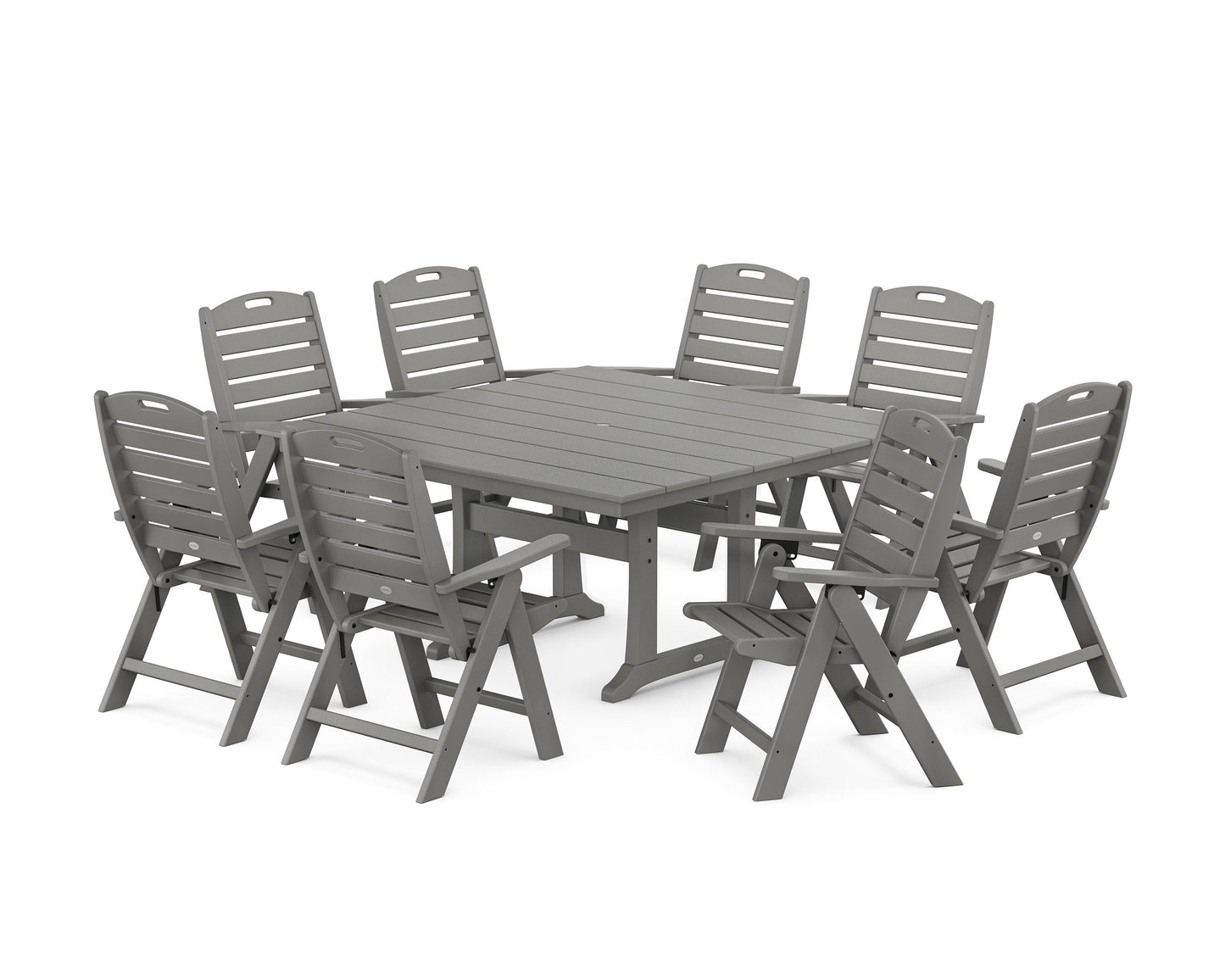 POLYWOOD Nautical Highback 9-Piece Square Farmhouse Dining Set with Trestle Legs — Slate Grey