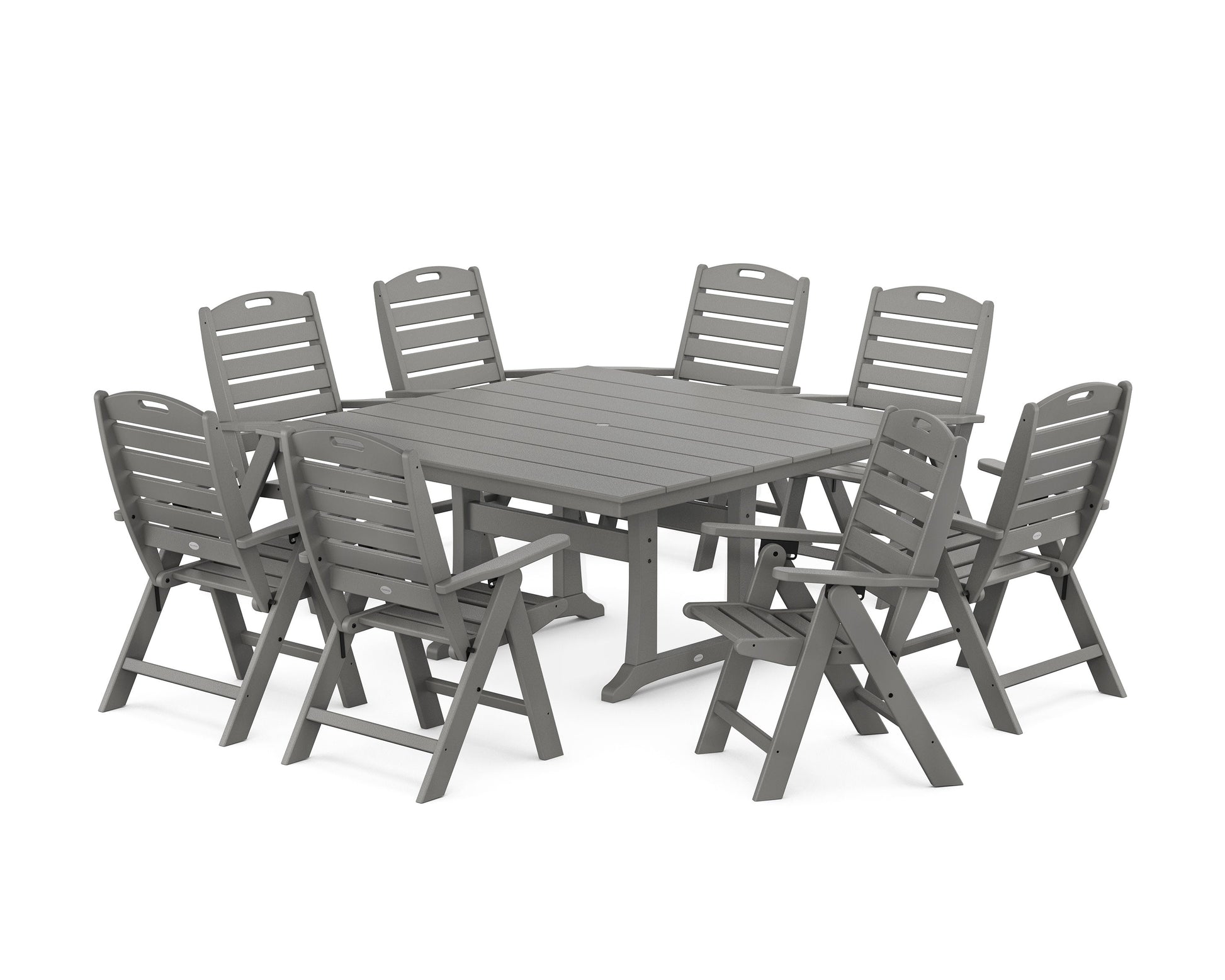 POLYWOOD Nautical Highback 9-Piece Square Farmhouse Dining Set with Trestle Legs — Slate Grey