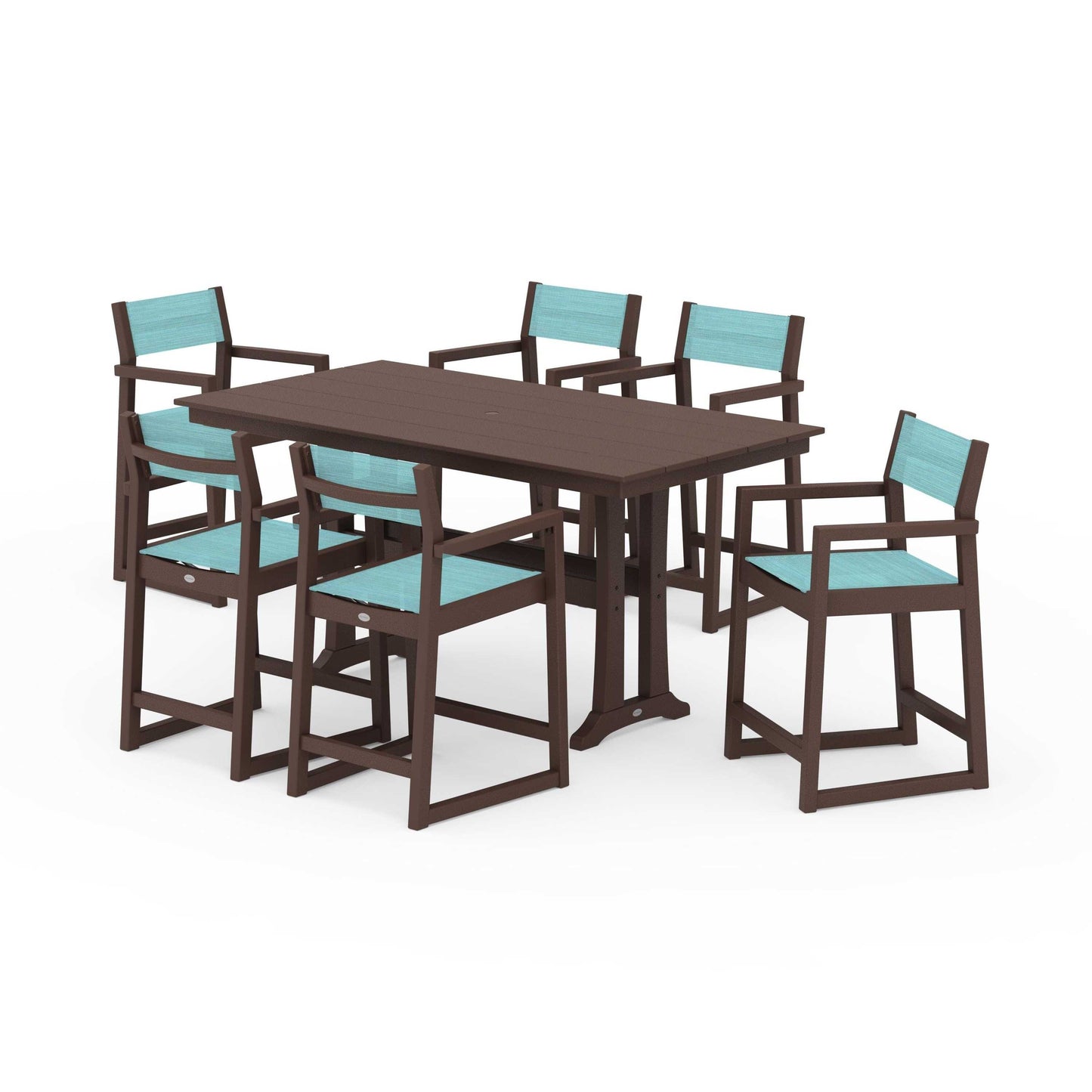 POLYWOOD EDGE Sling Arm Chair 7-Piece Farmhouse Counter Set with Trestle Legs — Mahogany / Dupioni Aquamarine Sling