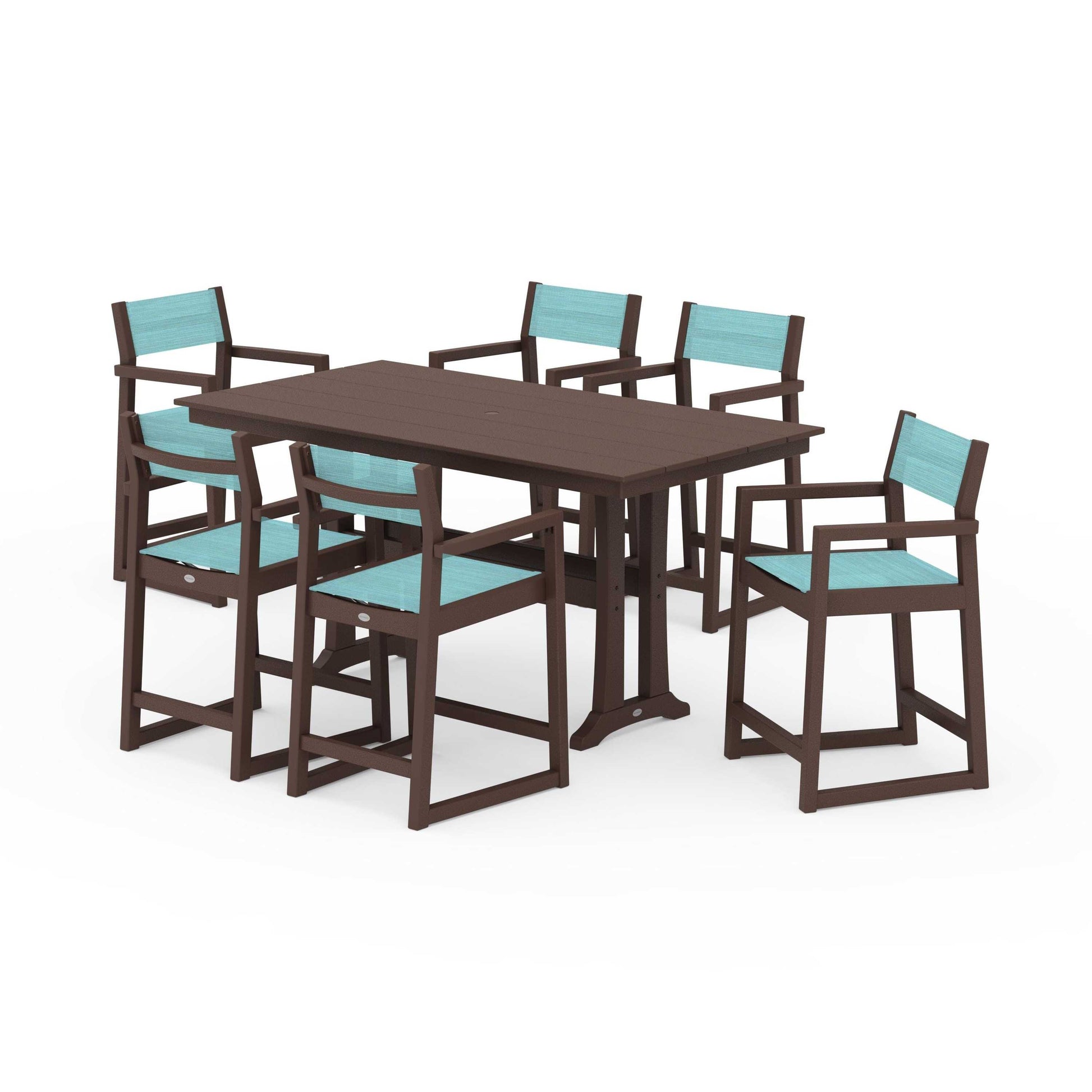 POLYWOOD EDGE Sling Arm Chair 7-Piece Farmhouse Counter Set with Trestle Legs — Mahogany / Dupioni Aquamarine Sling