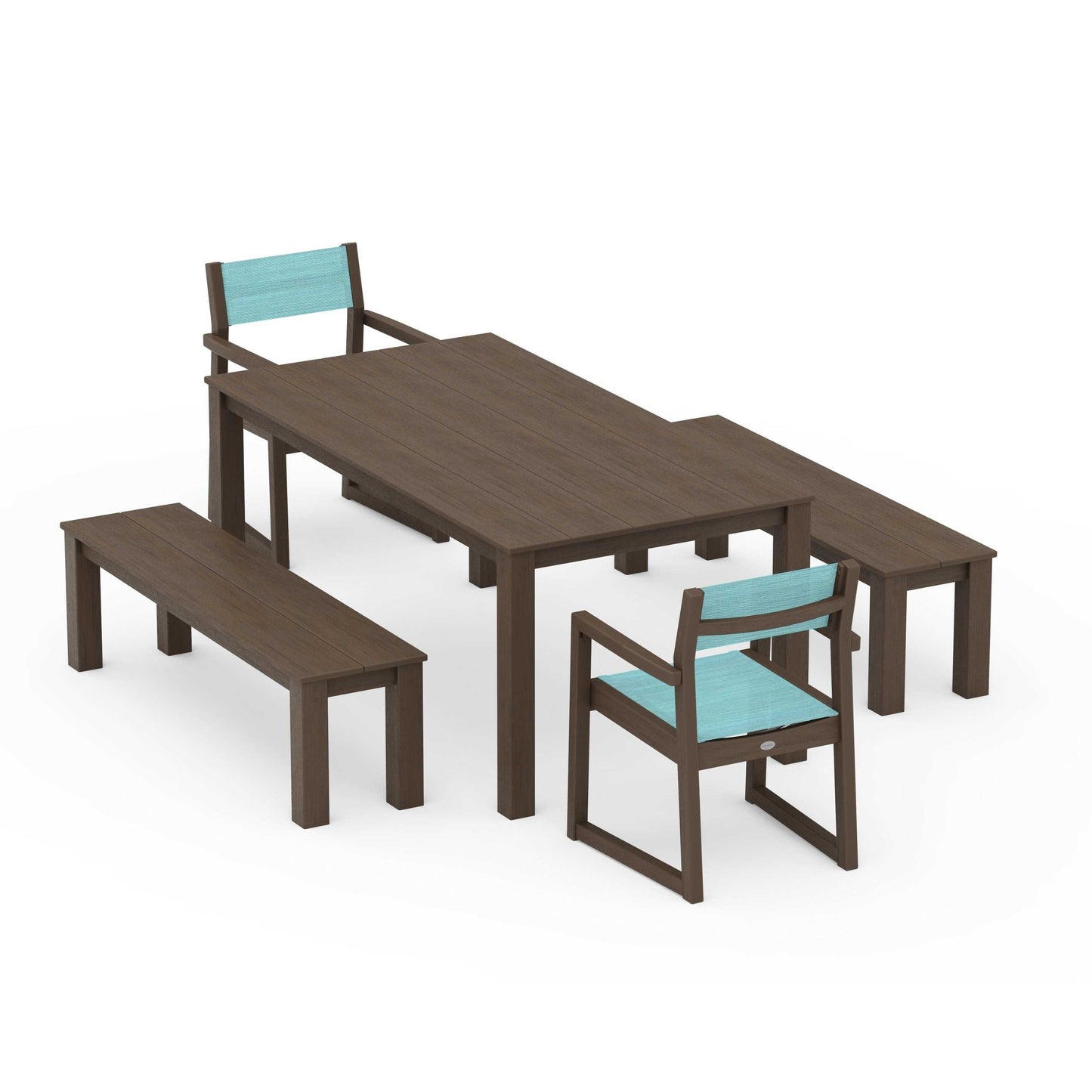 POLYWOOD EDGE Sling Arm Chair 5-Piece Parsons Dining Set with Benches — Kona / Dupioni Aquamarine Sling