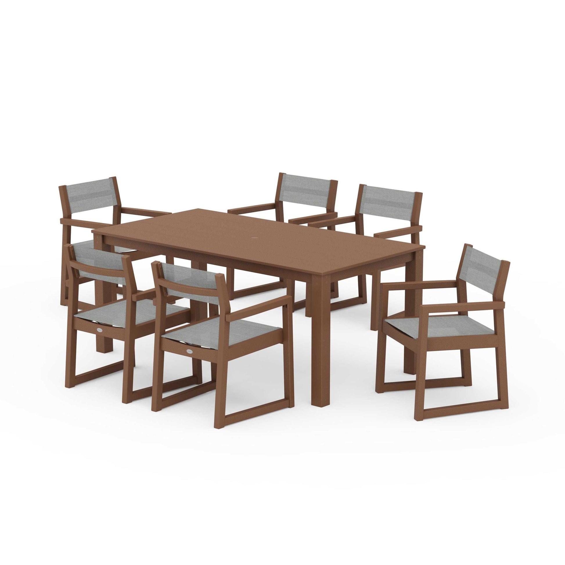POLYWOOD EDGE Sling Arm Chair 7-Piece Parsons Dining Set — Teak / Metallic Sling