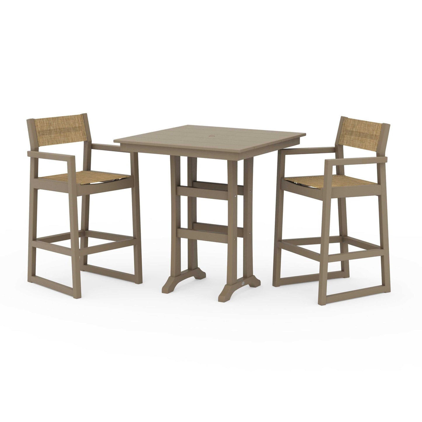 POLYWOOD EDGE Sling Arm Chair 3-Piece Farmhouse Bar Set with Trestle Legs — Vintage Sahara / Burlap Sling