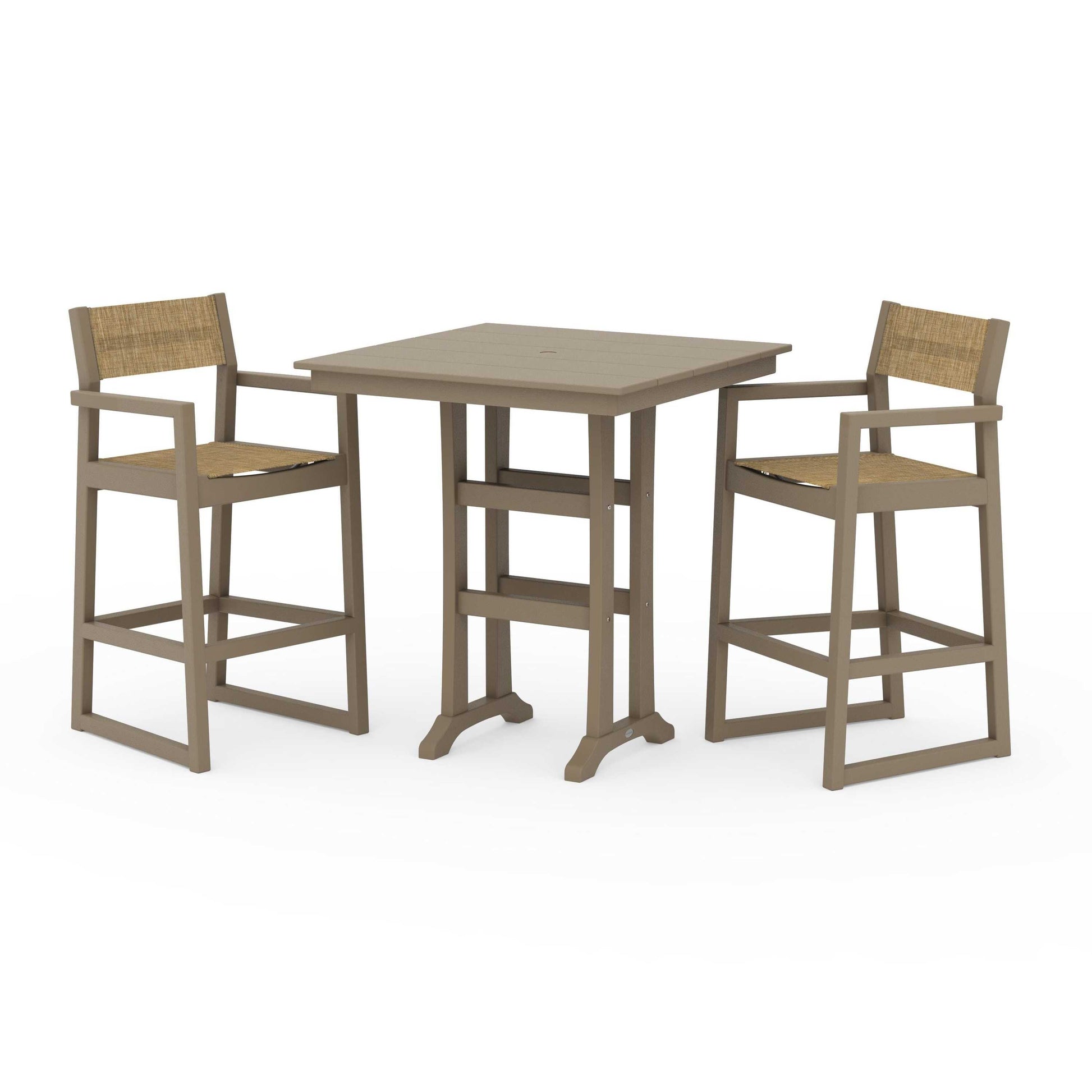 POLYWOOD EDGE Sling Arm Chair 3-Piece Farmhouse Bar Set with Trestle Legs — Vintage Sahara / Burlap Sling