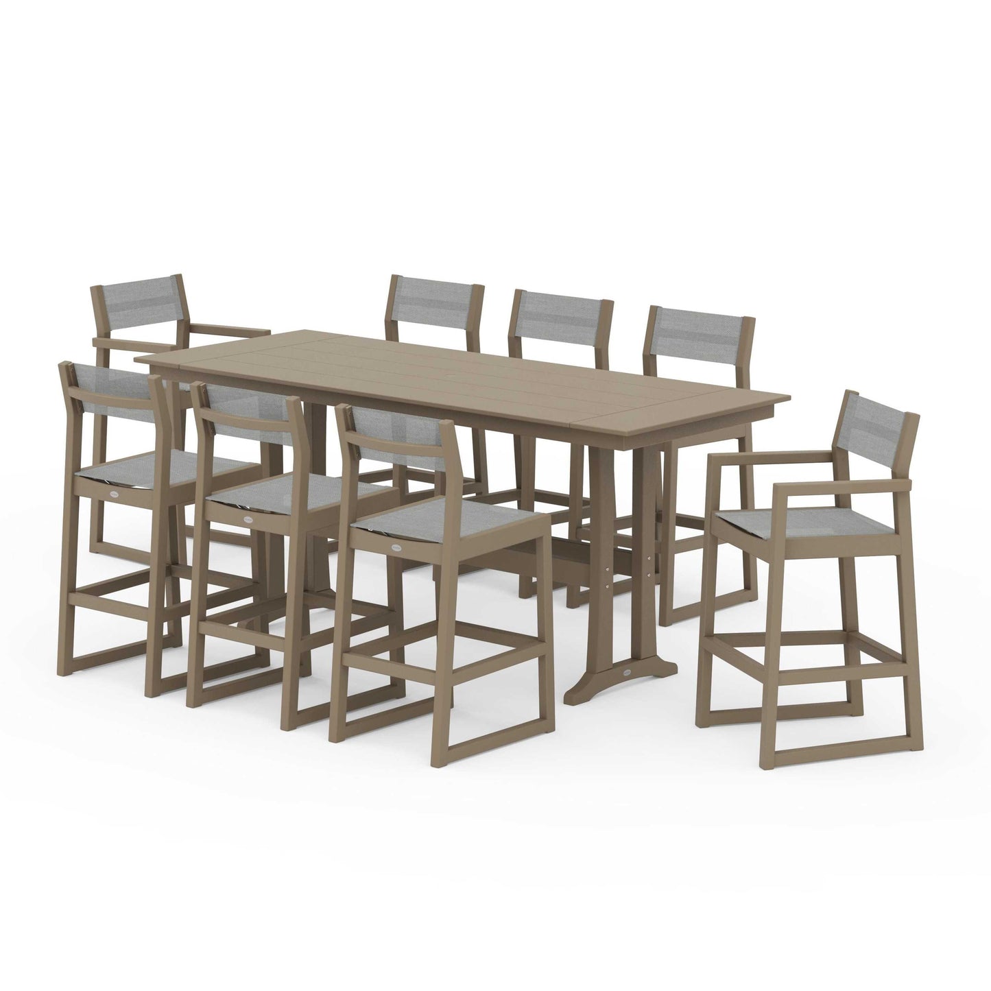 POLYWOOD EDGE Sling 9-Piece Farmhouse Bar Set with Trestle Legs — Vintage Sahara / Metallic Sling