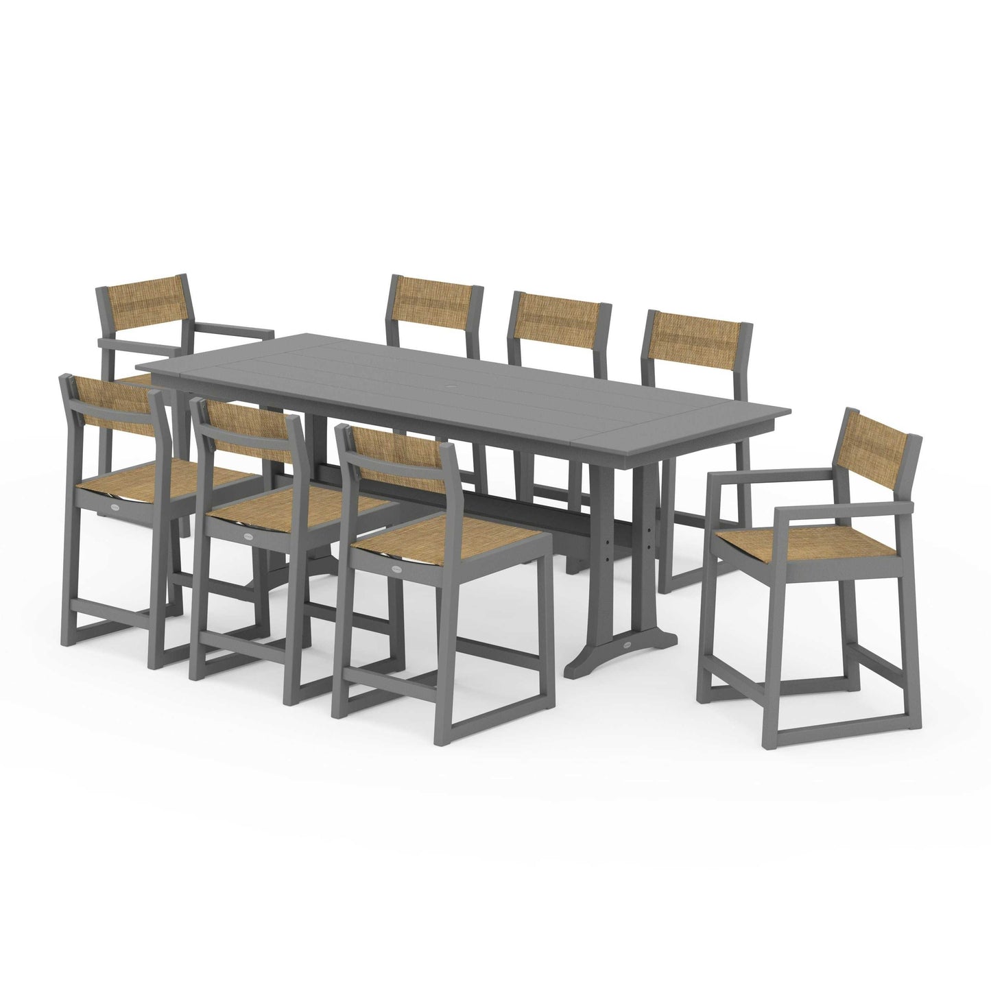 POLYWOOD EDGE Sling 9-Piece Farmhouse Counter Set with Trestle Legs — Slate Grey / Burlap Sling