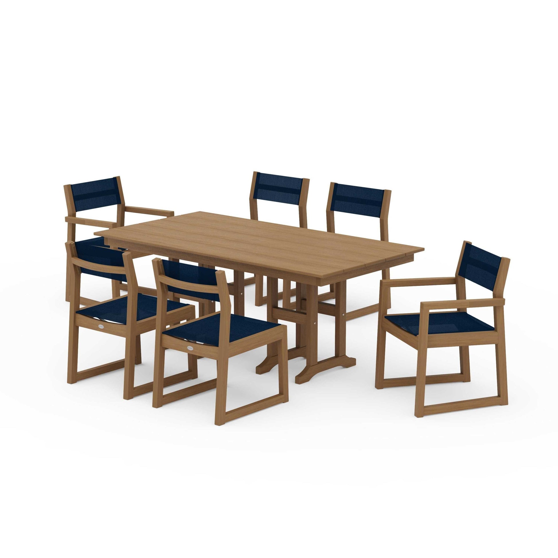 POLYWOOD EDGE Sling 7-Piece Farmhouse Dining Set — Natural / Navy Blue Sling