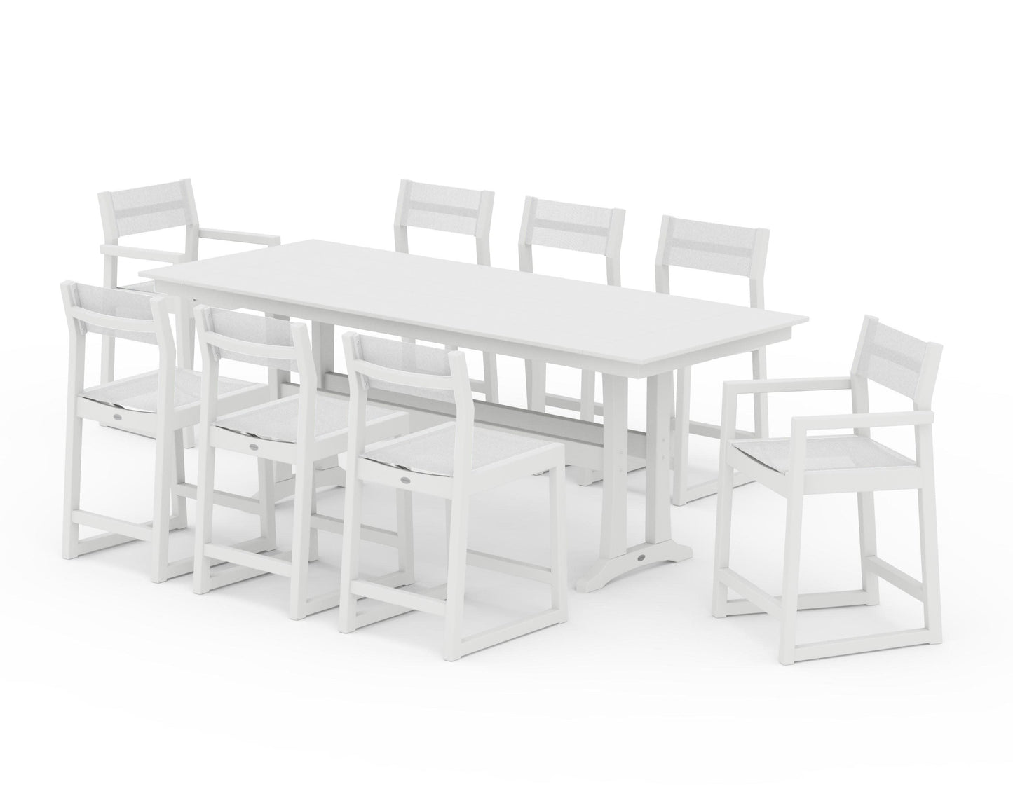 POLYWOOD EDGE Sling 9-Piece Farmhouse Counter Set with Trestle Legs — White / White Sling