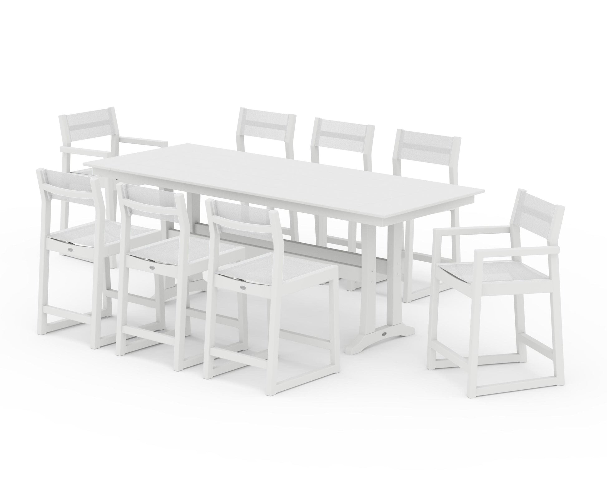 POLYWOOD EDGE Sling 9-Piece Farmhouse Counter Set with Trestle Legs — White / White Sling
