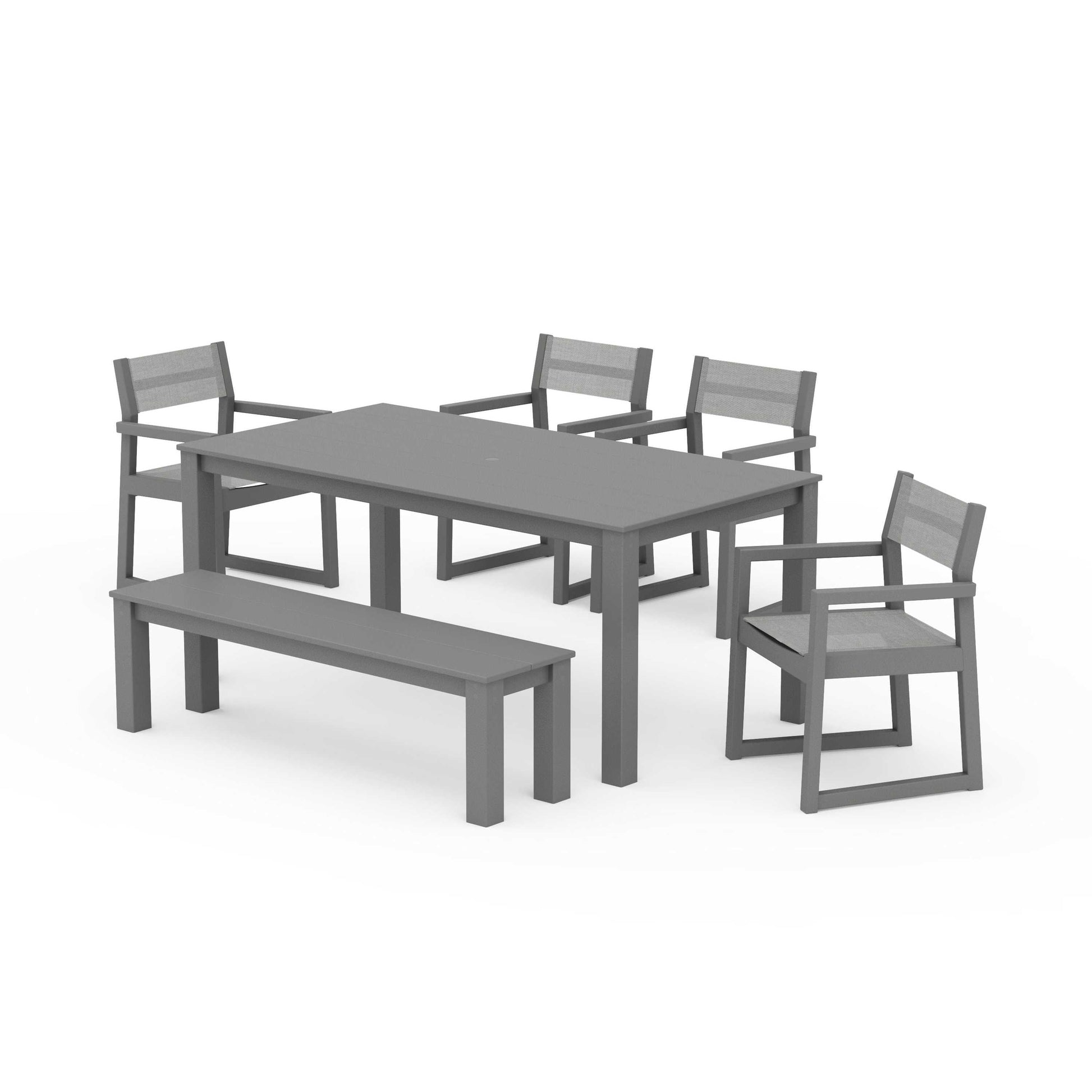 POLYWOOD EDGE Sling Arm Chair 6-Piece Parsons Dining Set with Bench — Slate Grey / Metallic Sling