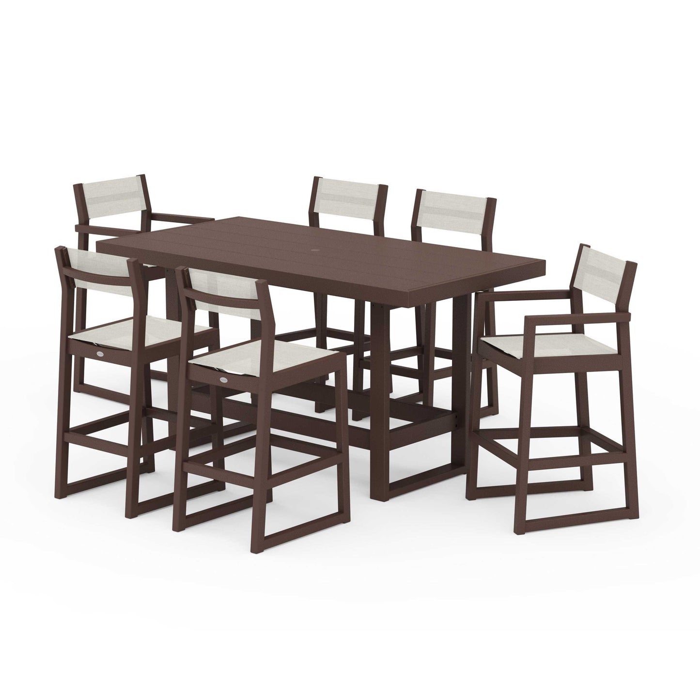 POLYWOOD EDGE Sling 7-Piece Bar Table Set — Mahogany / Parchment Sling