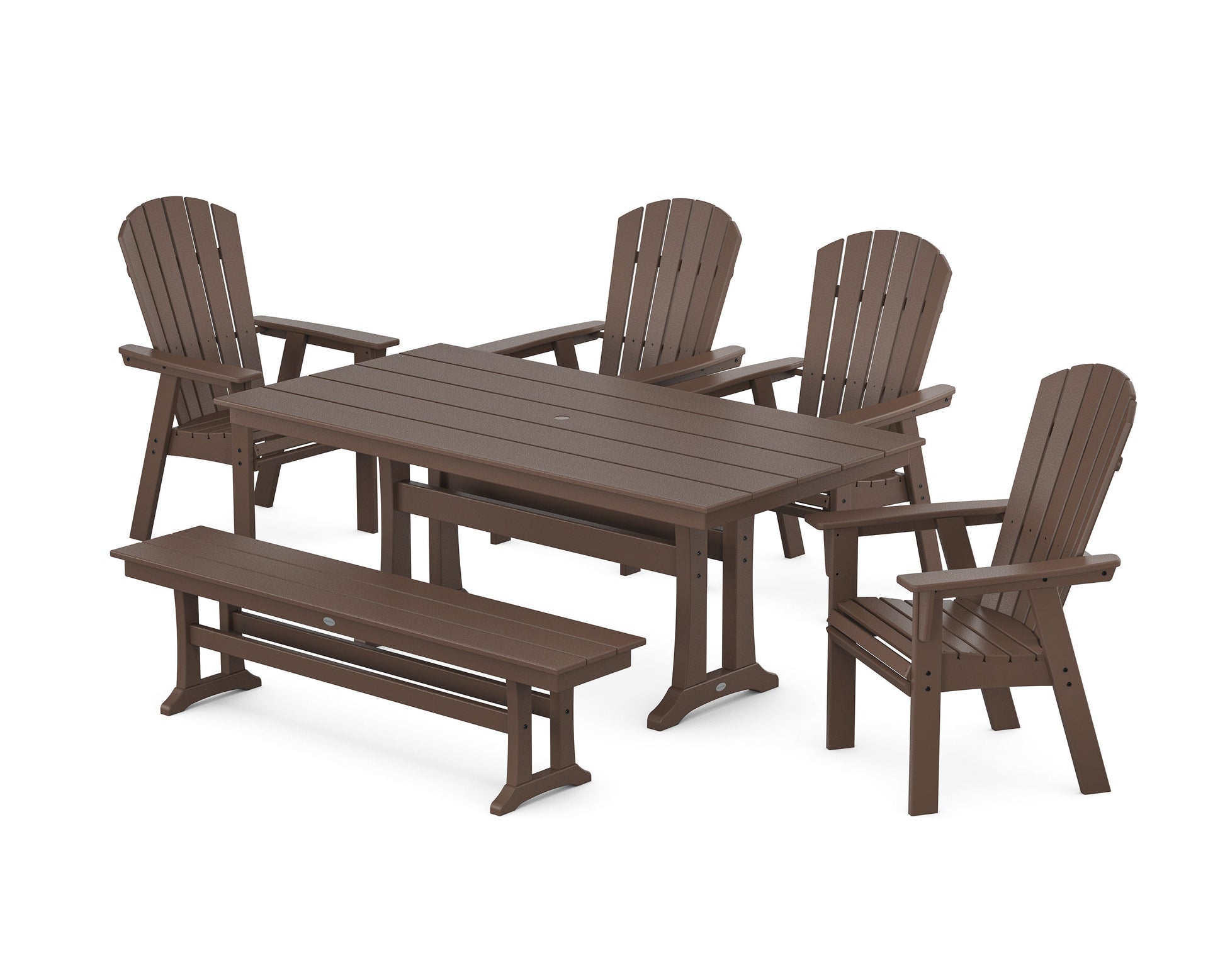 POLYWOOD Nautical Curveback Adirondack 6-Piece Farmhouse Dining Set with Trestle Legs and Bench — Mahogany