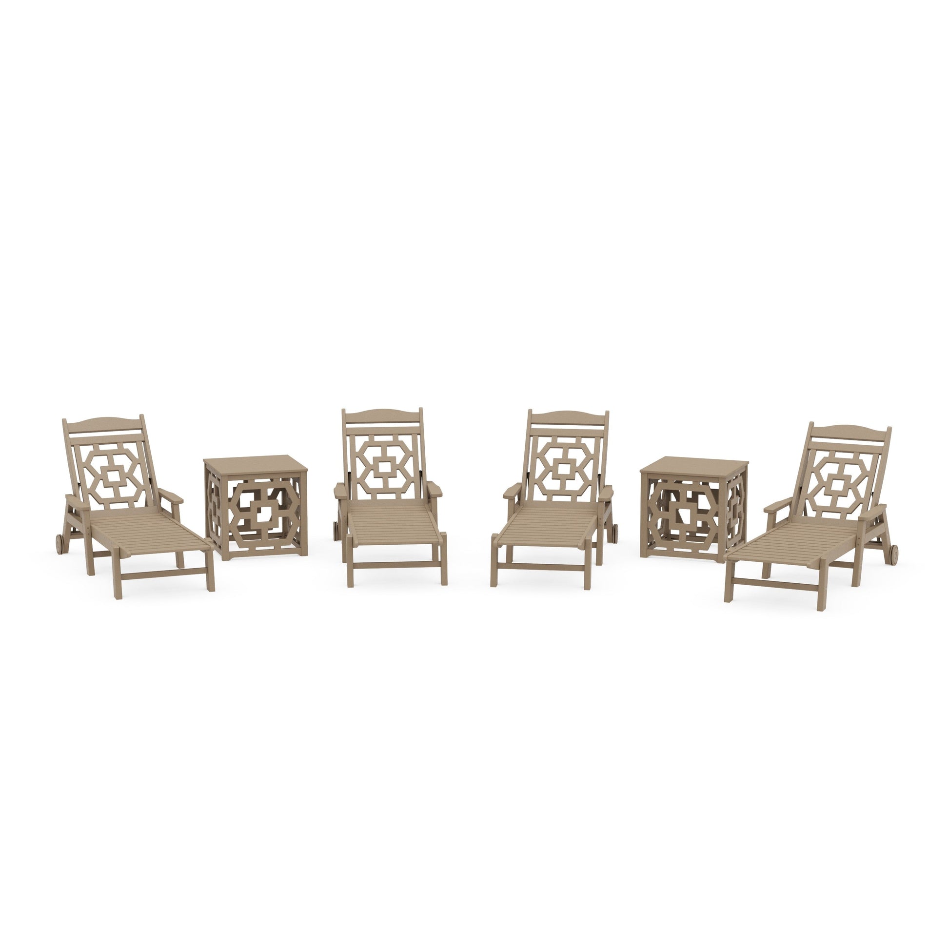 POLYWOOD Chinoiserie 6-Piece Chaise Set with Umbrella Stand Accent Table — Vintage Sahara