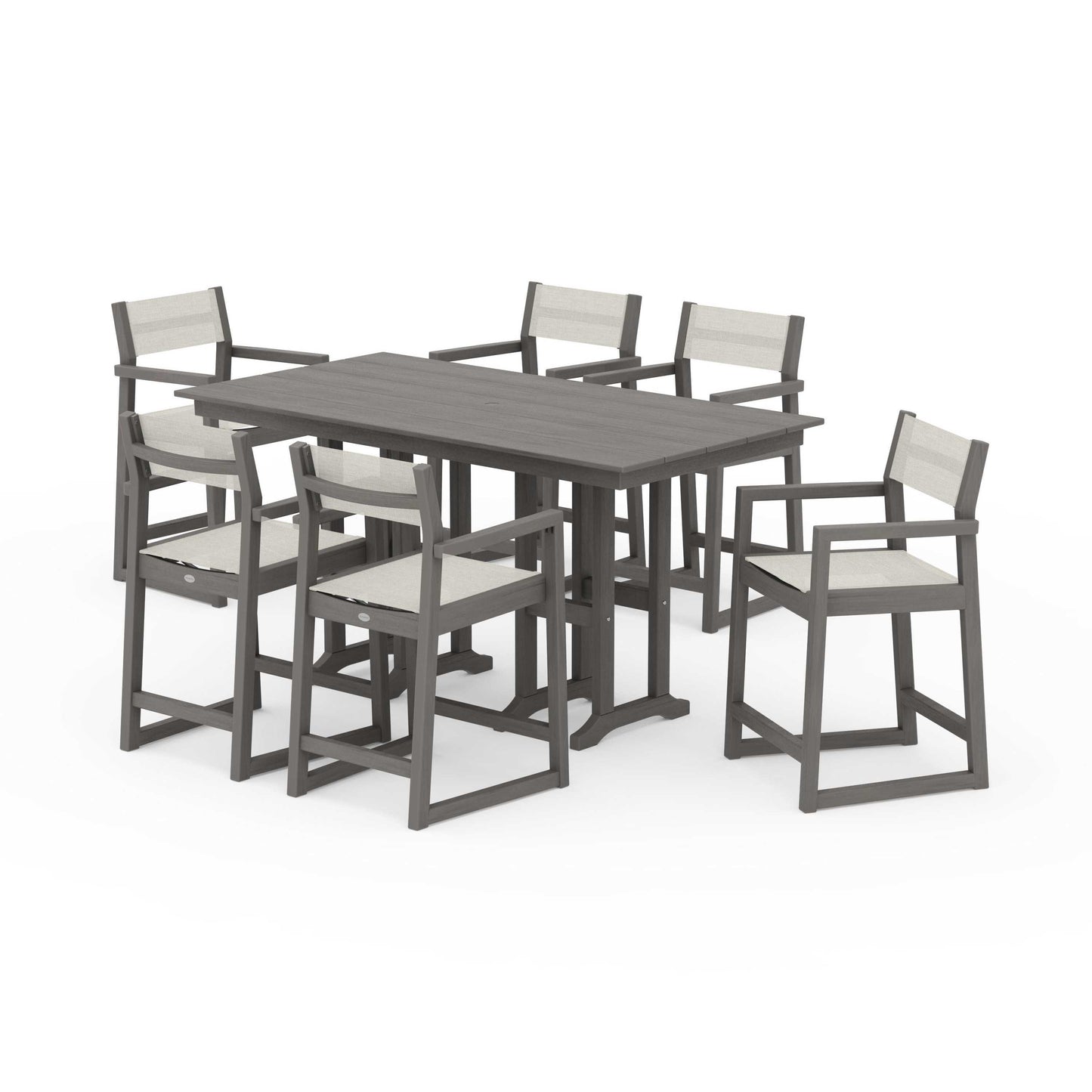 POLYWOOD EDGE Sling Arm Chair 7-Piece Farmhouse Counter Set — Driftwood / Parchment Sling