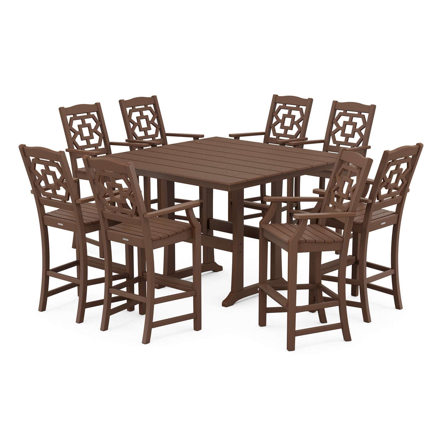 POLYWOOD Chinoiserie 9-Piece Square Farmhouse Bar Set with Trestle Legs — Mahogany