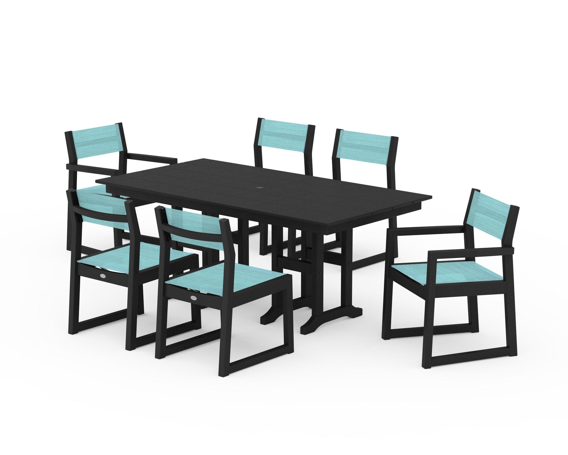 POLYWOOD EDGE Sling 7-Piece Farmhouse Dining Set — Black / Dupioni Aquamarine Sling