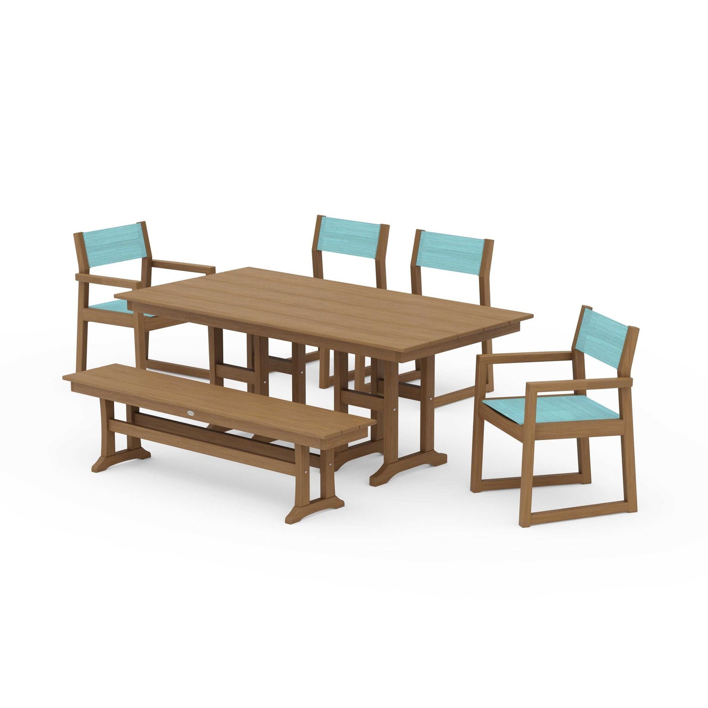 POLYWOOD EDGE Sling 6-Piece Farmhouse Dining Set — Natural / Dupioni Aquamarine Sling