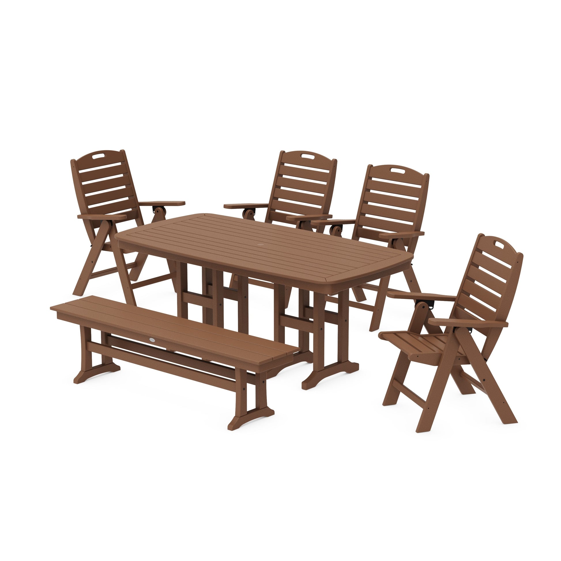 POLYWOOD Nautical Highback 6-Piece Dining Set with Bench — Teak