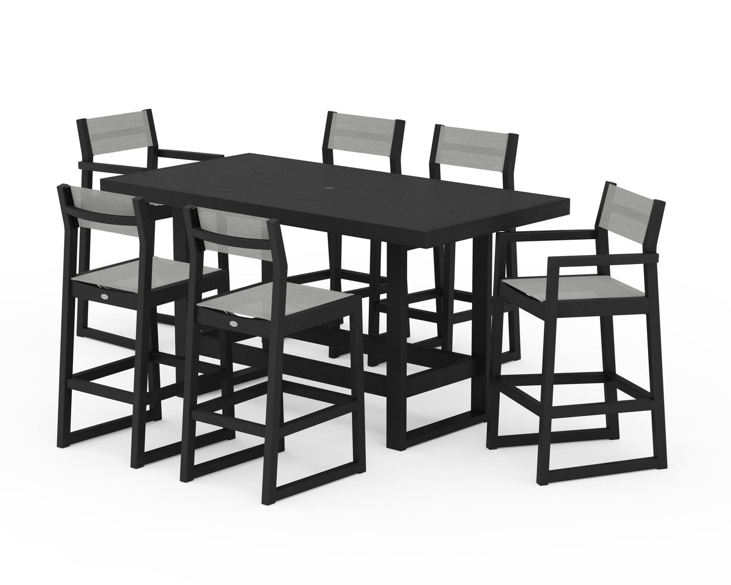 POLYWOOD EDGE Sling 7-Piece Bar Table Set — Black / Metallic Sling