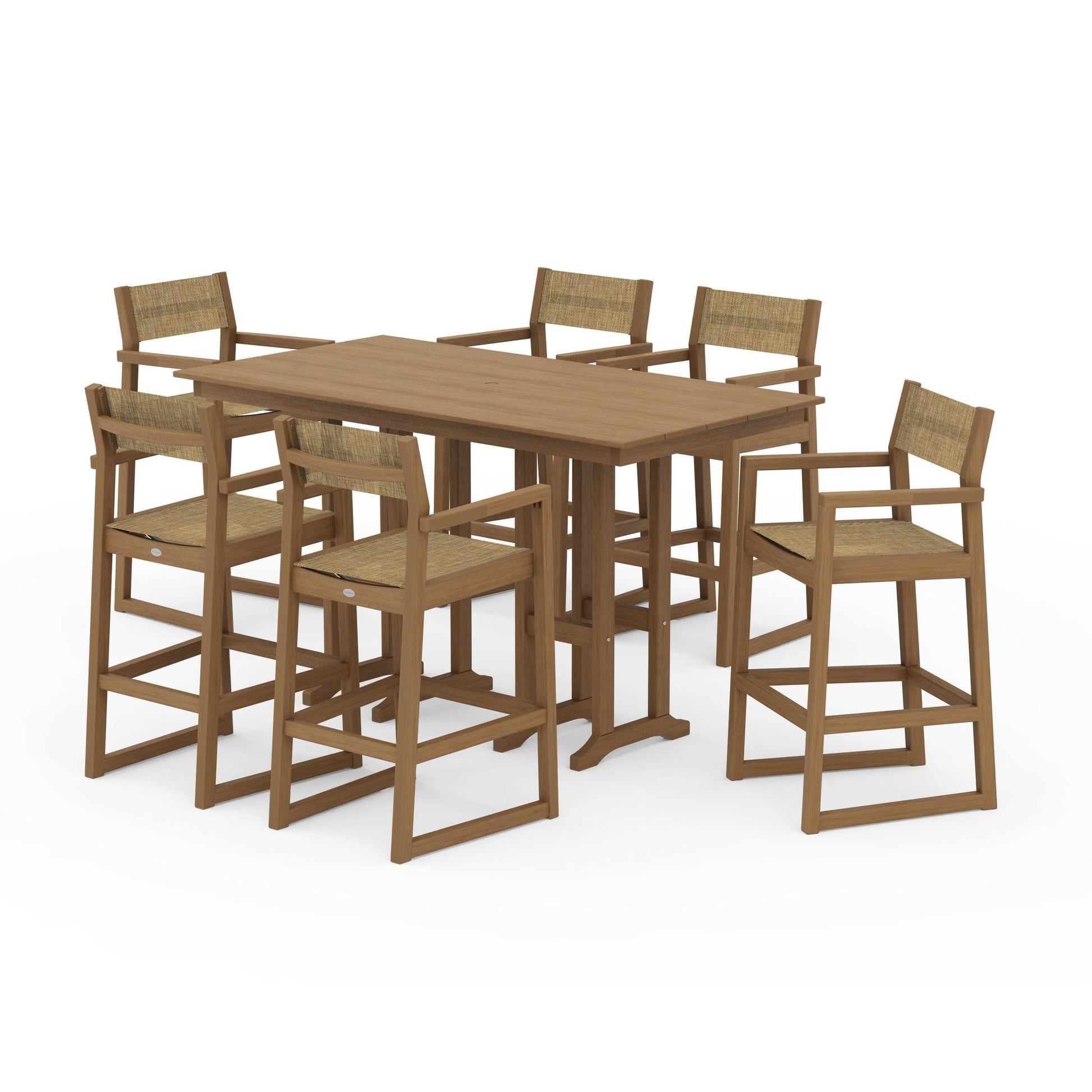 POLYWOOD EDGE Sling Arm Chair 7-Piece Farmhouse Bar Set — Natural / Burlap Sling