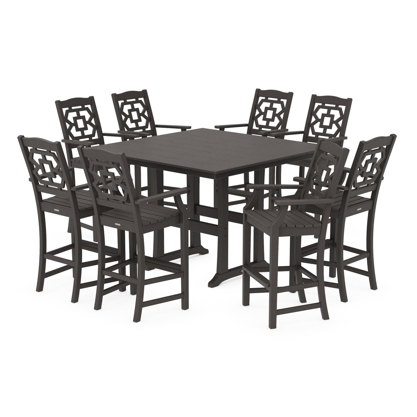 POLYWOOD Chinoiserie 9-Piece Square Farmhouse Bar Set with Trestle Legs — Vintage Coffee