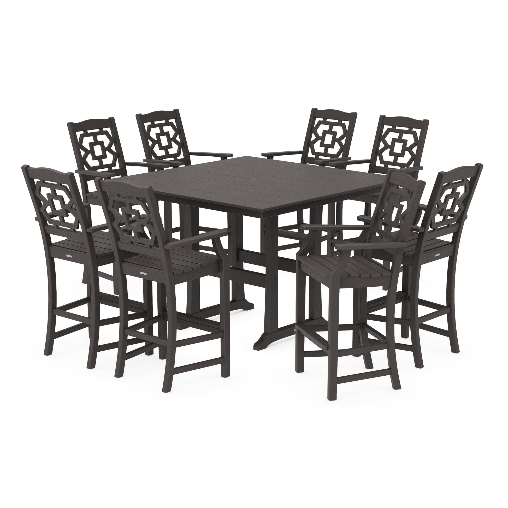 POLYWOOD Chinoiserie 9-Piece Square Farmhouse Bar Set with Trestle Legs — Vintage Coffee