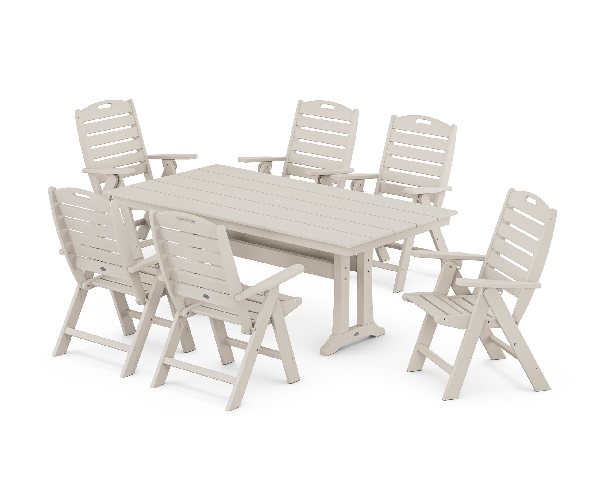 POLYWOOD Nautical Highback 7-Piece Farmhouse Dining Set with Trestle Legs — Sand