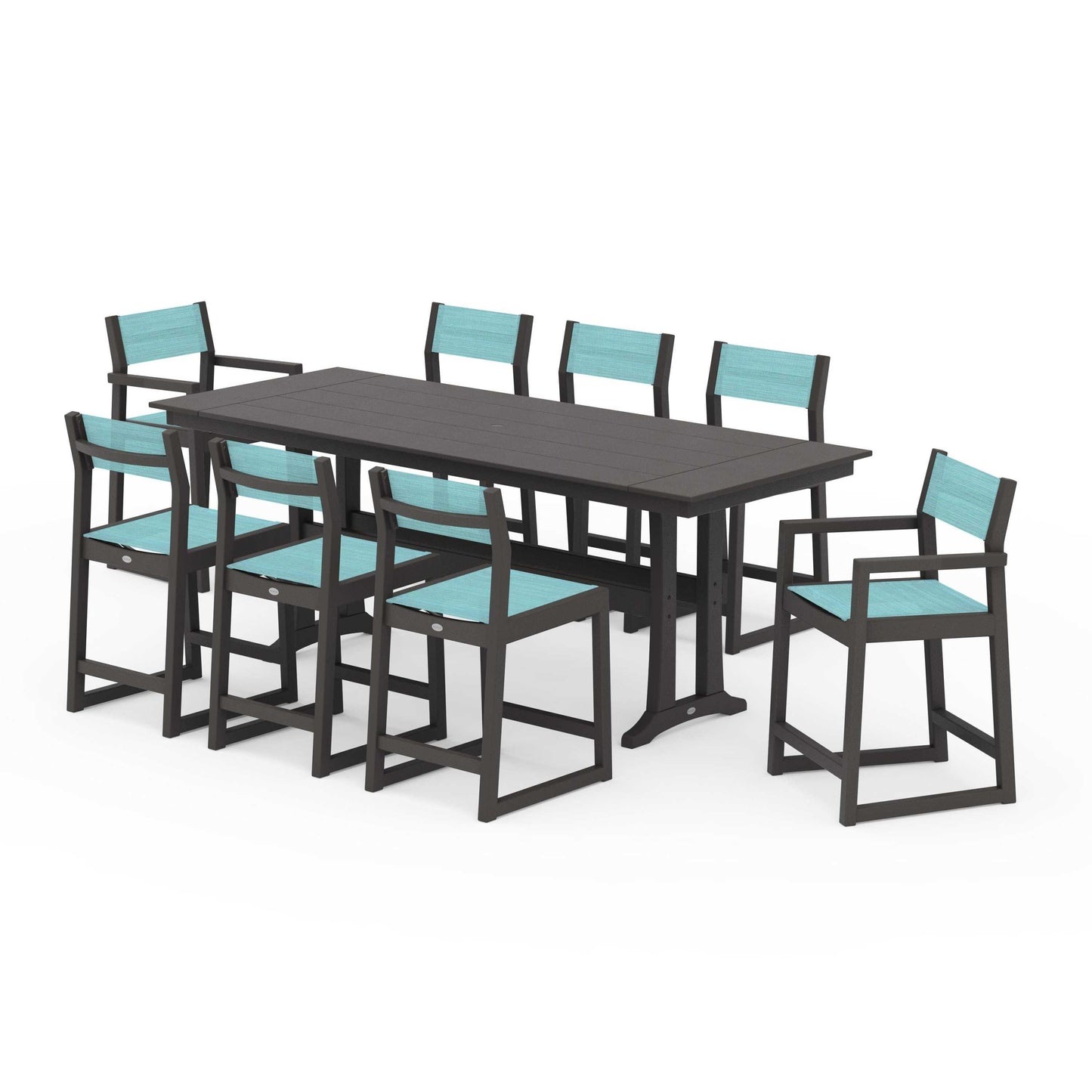 POLYWOOD EDGE Sling 9-Piece Farmhouse Counter Set with Trestle Legs — Vintage Coffee / Dupioni Aquamarine Sling
