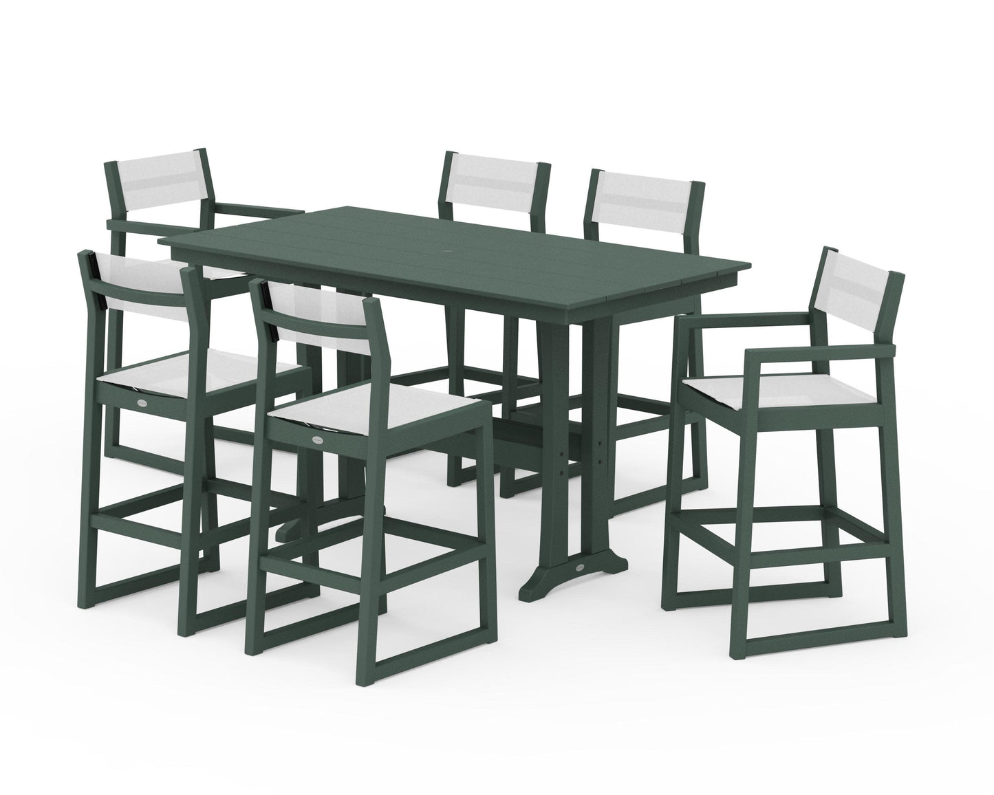 POLYWOOD EDGE Sling 7-Piece Farmhouse Bar Set with Trestle Legs — Green / White Sling