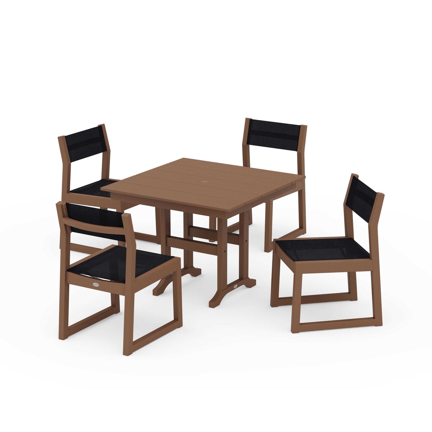 POLYWOOD EDGE Sling Side Chair 5-Piece Farmhouse Dining Set — Teak / Black Sling
