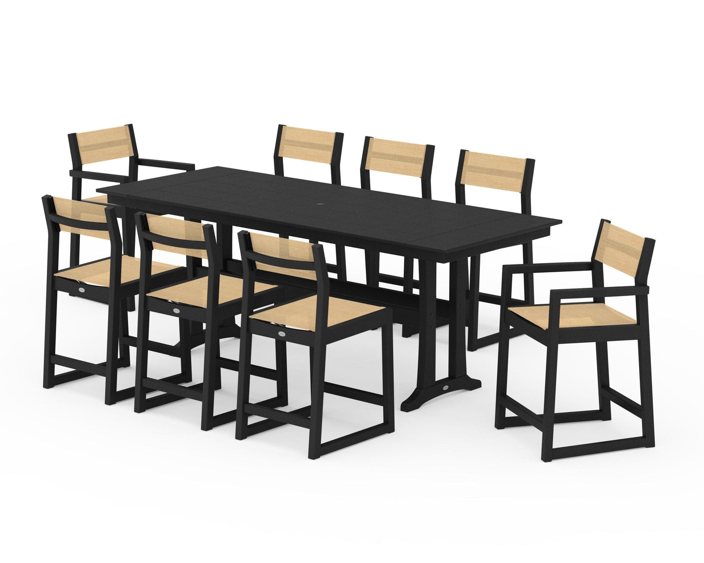 POLYWOOD EDGE Sling 9-Piece Farmhouse Counter Set with Trestle Legs — Black / Dupioni Apricot Sling