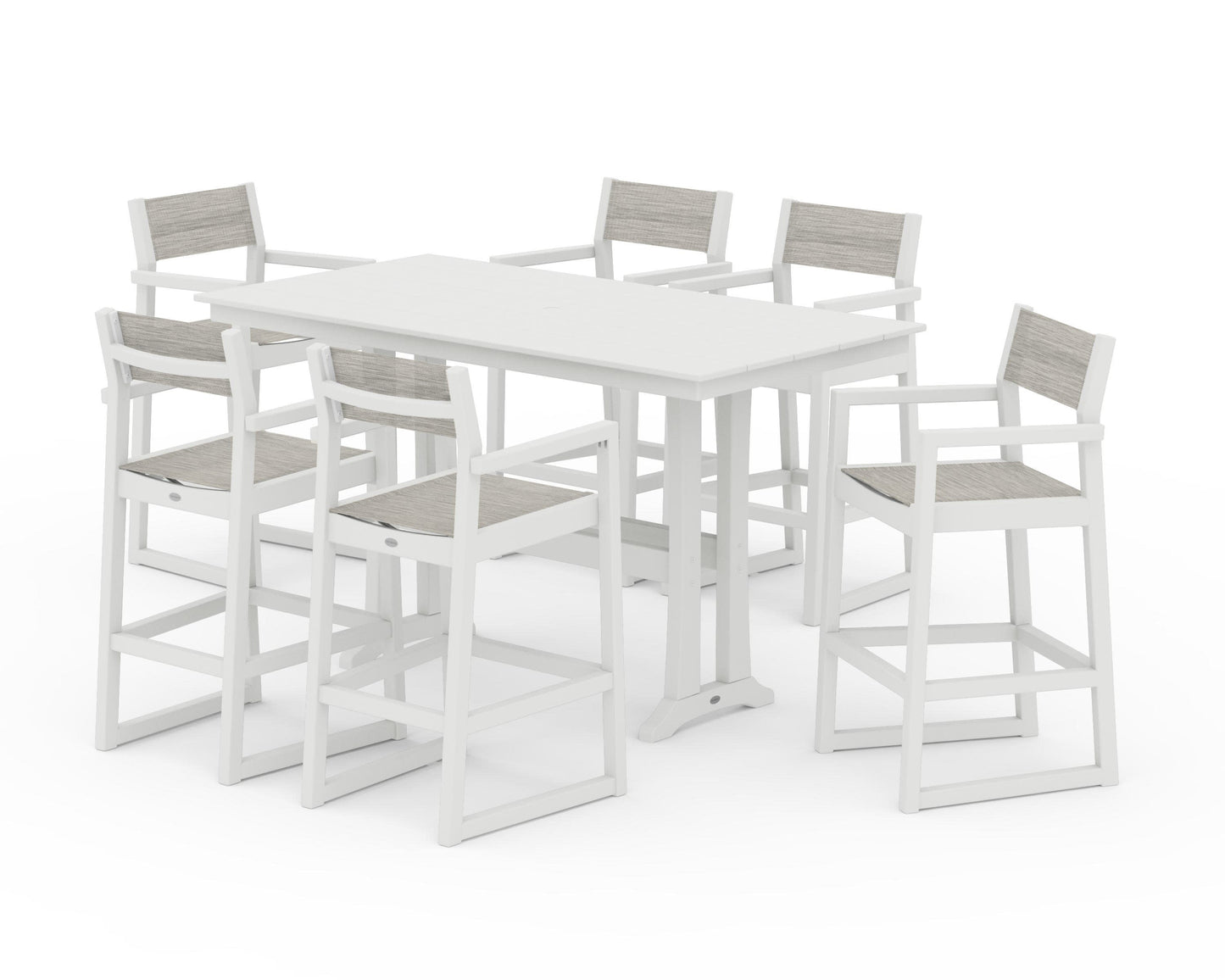 POLYWOOD EDGE Sling Arm Chair 7-Piece Farmhouse Bar Set with Trestle Legs — Vintage White / Birch Sling