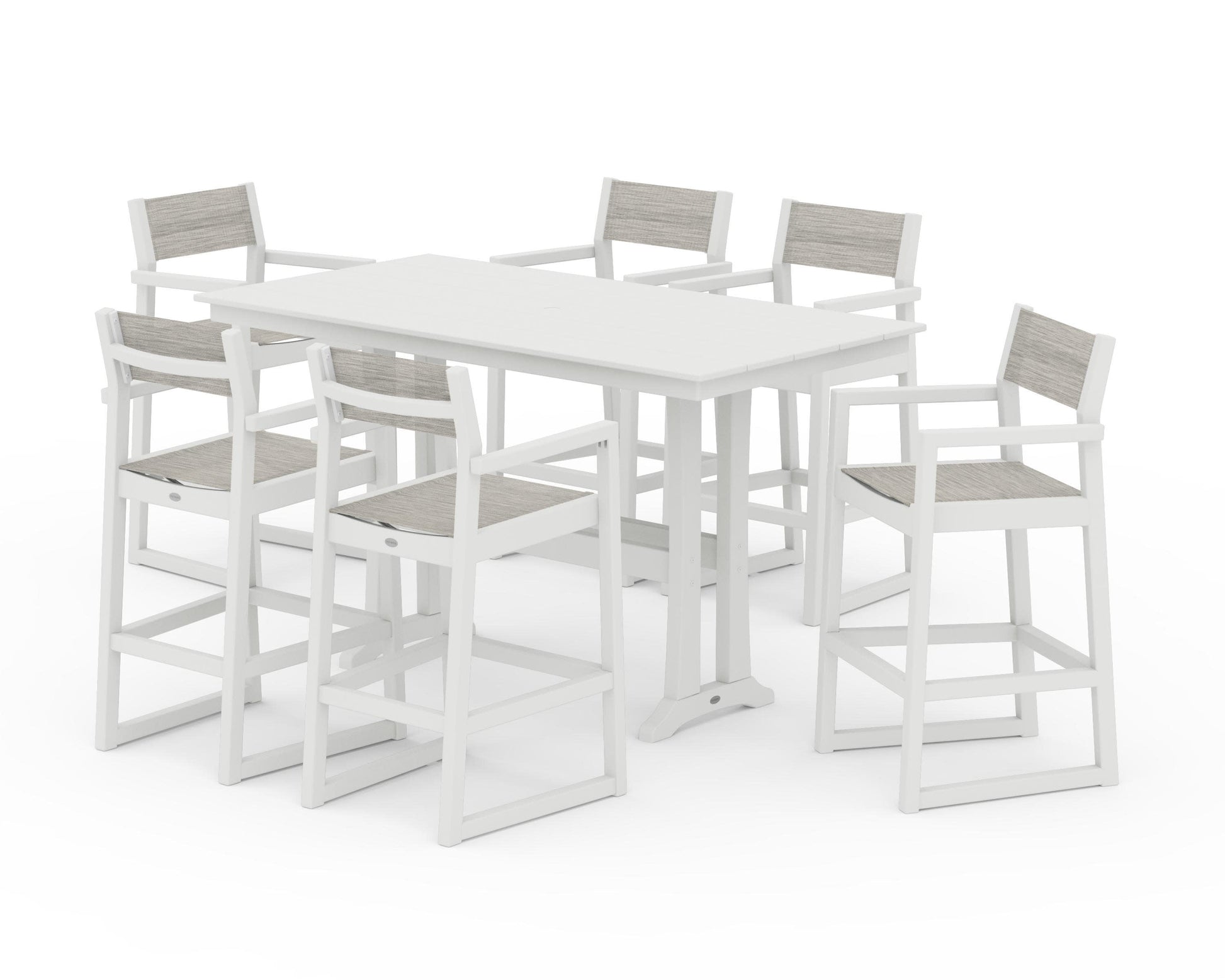 POLYWOOD EDGE Sling Arm Chair 7-Piece Farmhouse Bar Set with Trestle Legs — Vintage White / Birch Sling