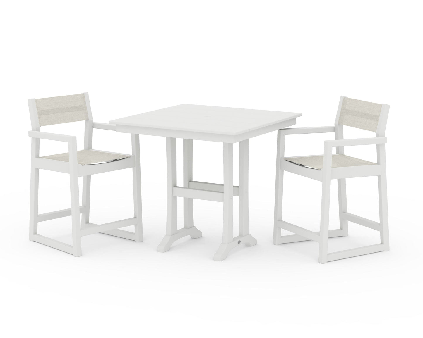 POLYWOOD EDGE Sling Arm Chair 3-Piece Farmhouse Counter Set with Trestle Legs — Vintage White / Parchment Sling