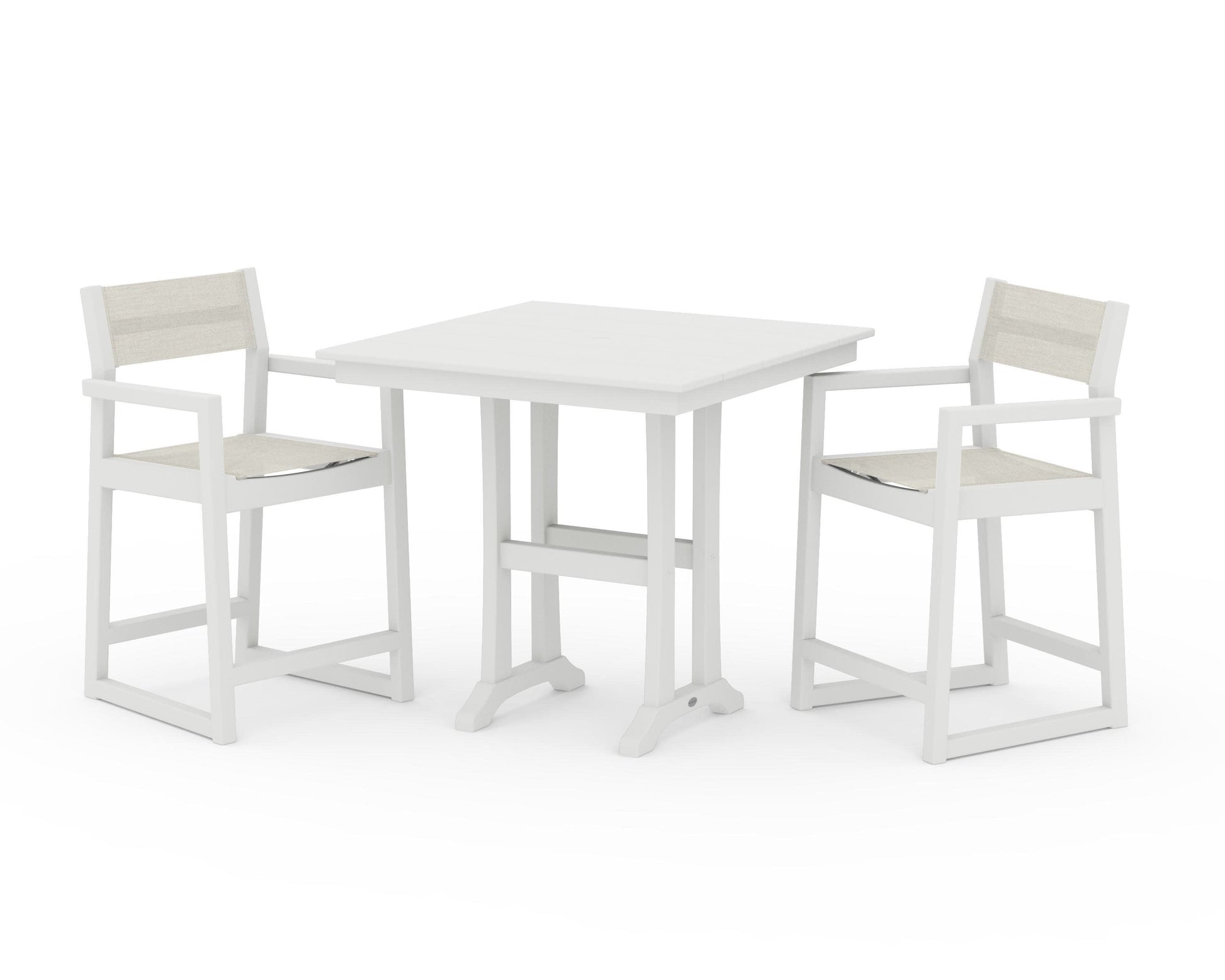 POLYWOOD EDGE Sling Arm Chair 3-Piece Farmhouse Counter Set with Trestle Legs — Vintage White / Parchment Sling