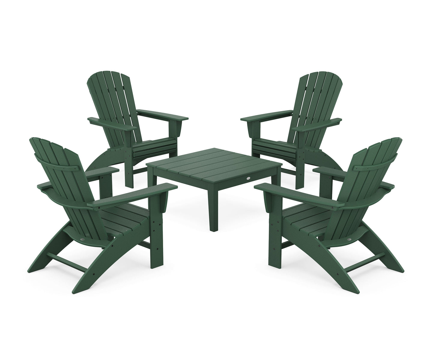 POLYWOOD 5-Piece Nautical Curveback Adirondack Chair Conversation Set with 36" Conversation Table — Green