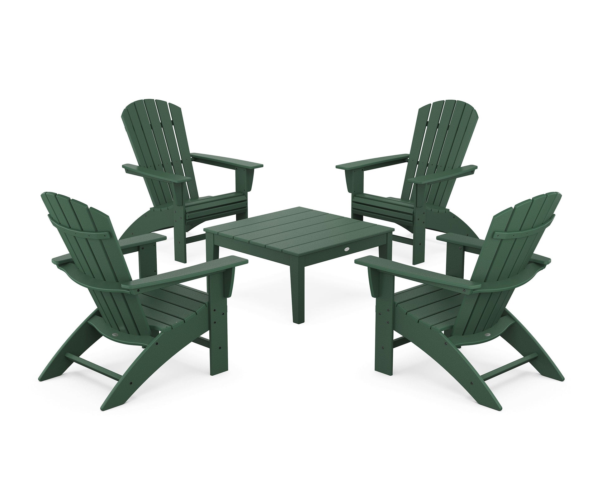 POLYWOOD 5-Piece Nautical Curveback Adirondack Chair Conversation Set with 36" Conversation Table — Green