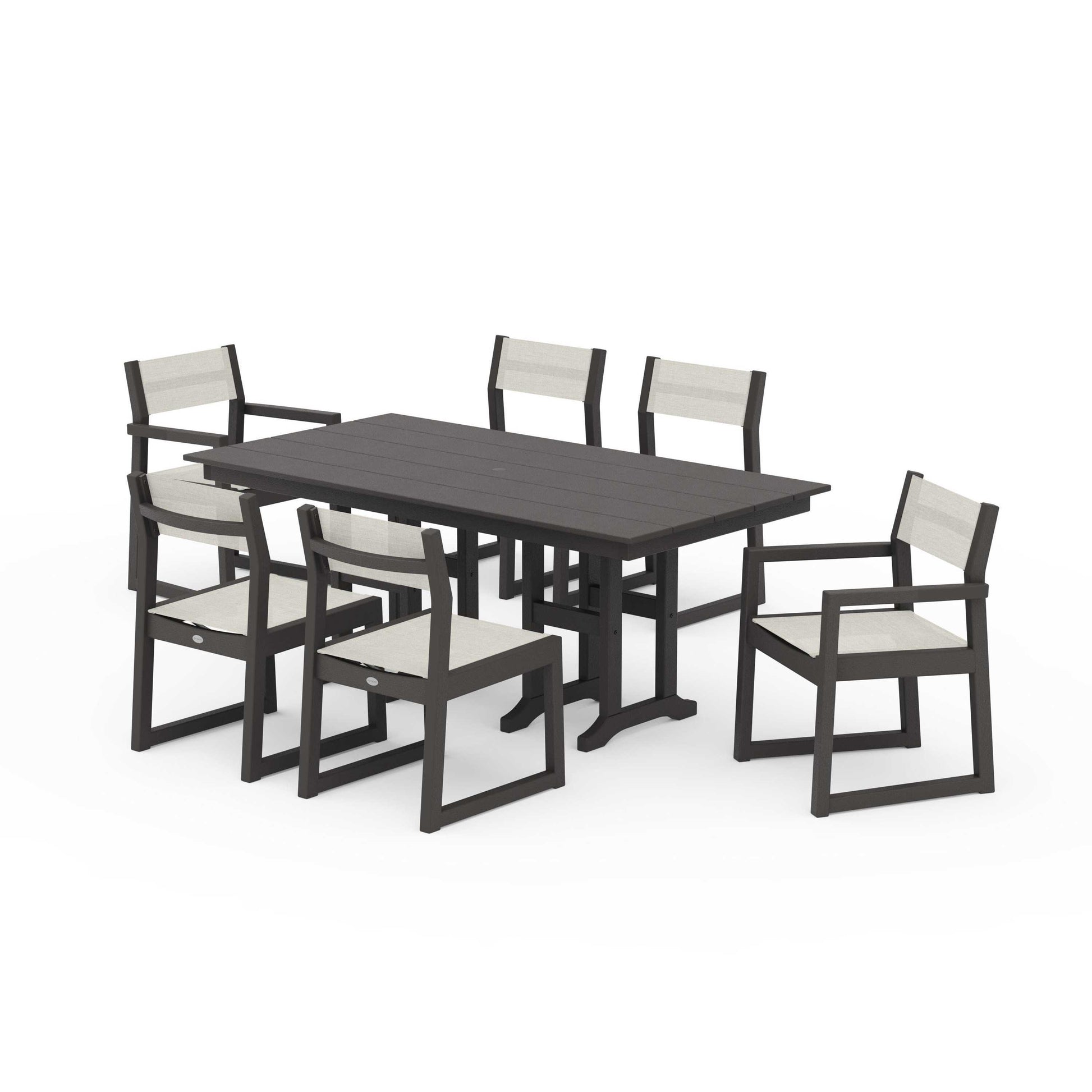 POLYWOOD EDGE Sling 7-Piece Farmhouse Dining Set — Vintage Coffee / Parchment Sling