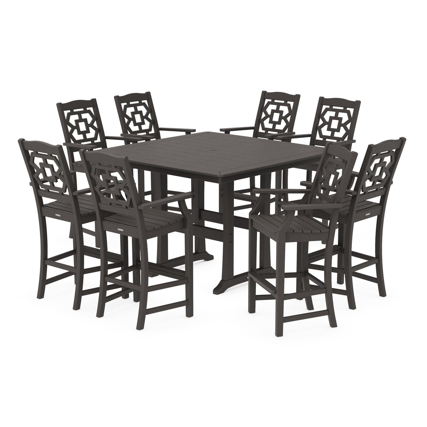POLYWOOD Chinoiserie 9-Piece Square Side Chair Bar Set with Trestle Legs — Vintage Coffee