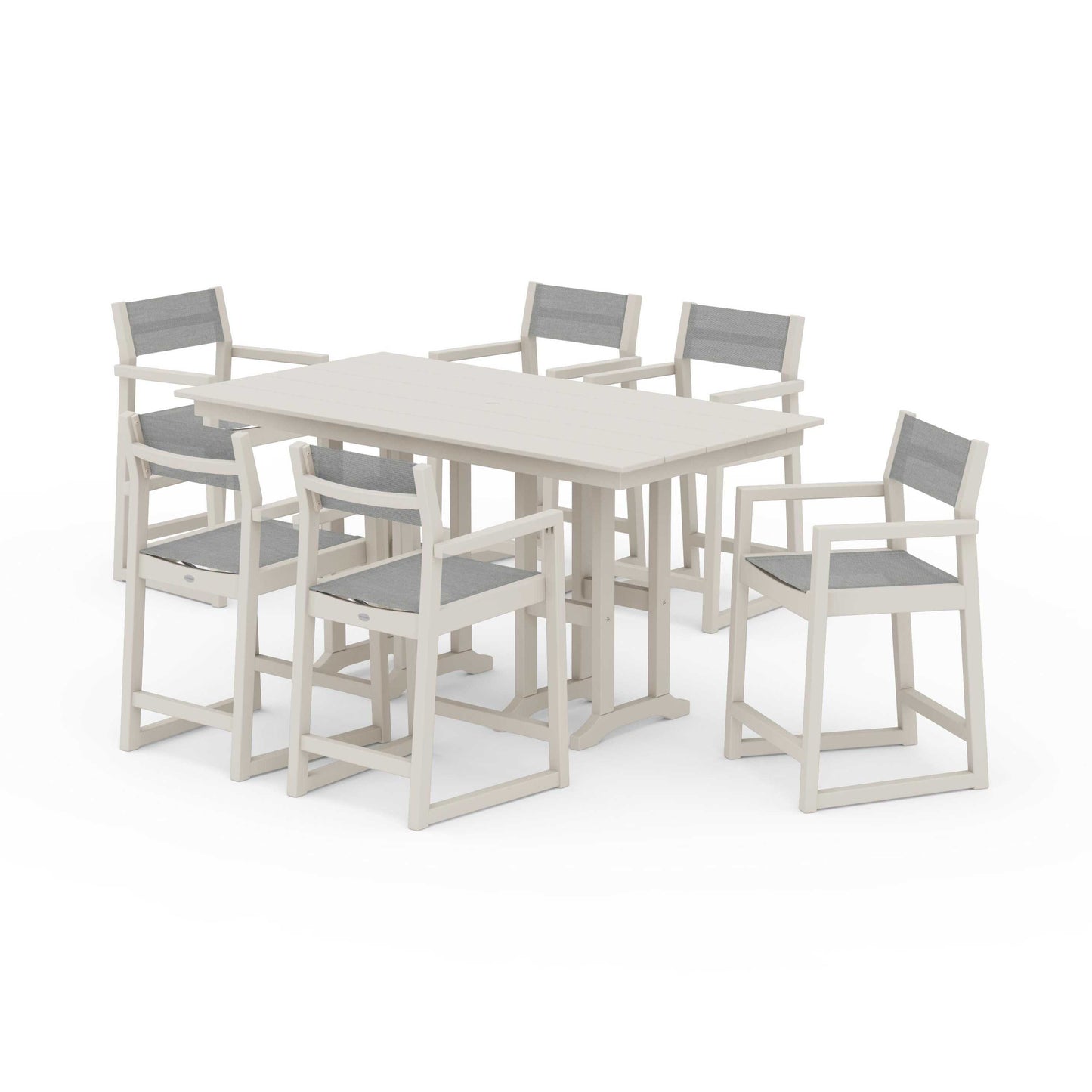 POLYWOOD EDGE Sling Arm Chair 7-Piece Farmhouse Counter Set — Sand / Metallic Sling