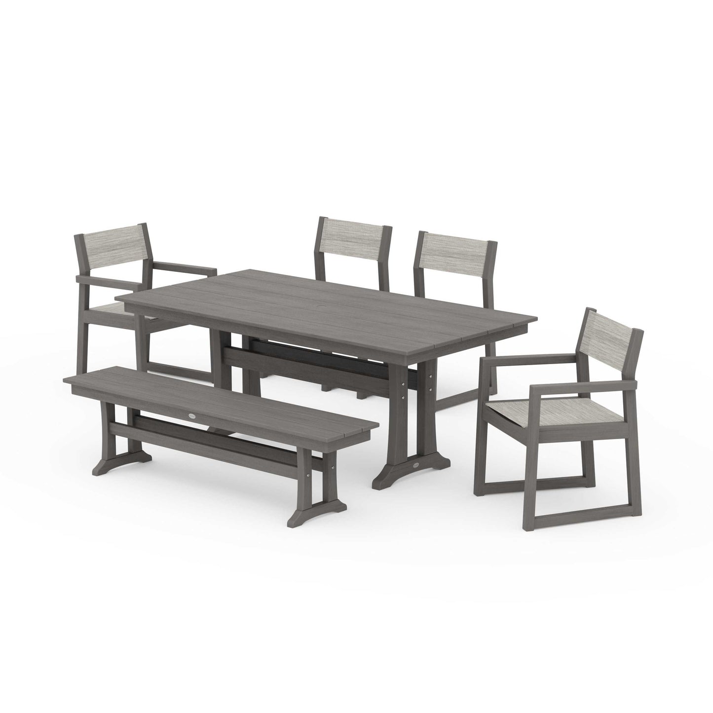 POLYWOOD EDGE Sling 6-Piece Farmhouse Dining Set With Trestle Legs — Driftwood / Birch Sling