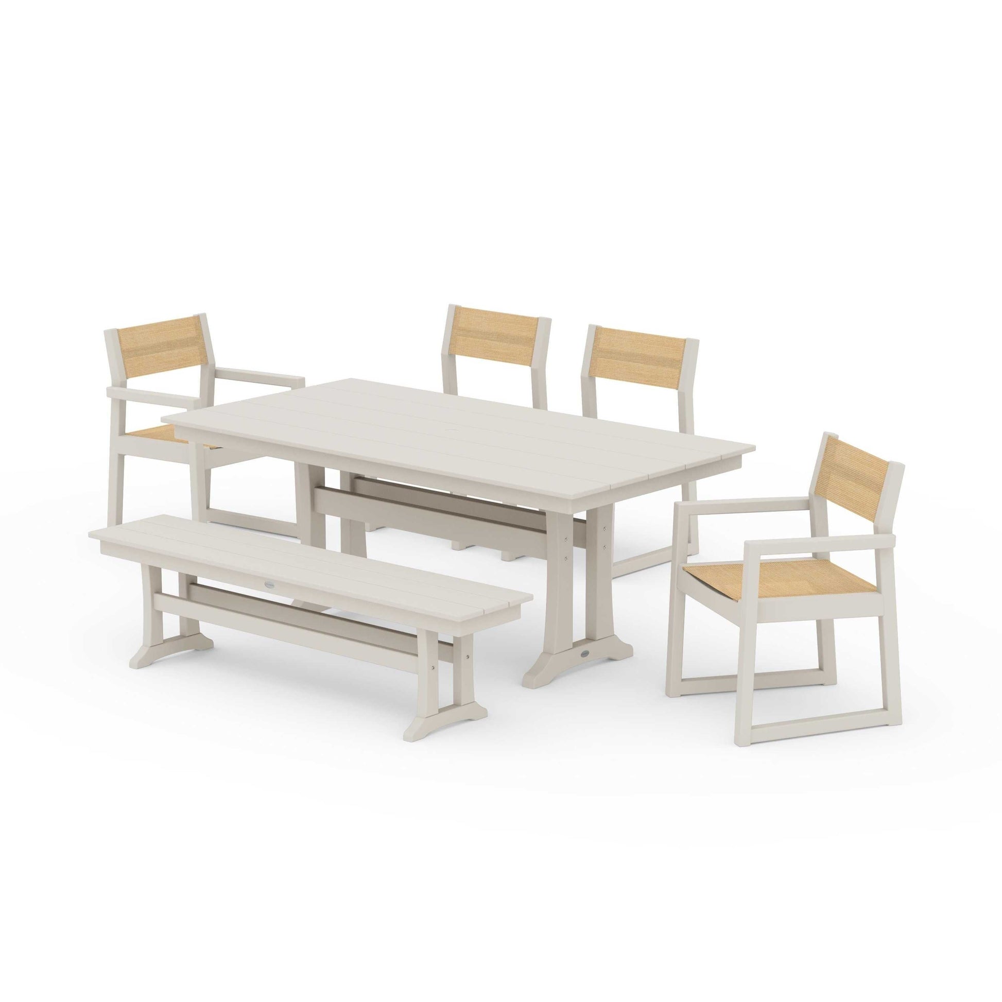 POLYWOOD EDGE Sling 6-Piece Farmhouse Dining Set With Trestle Legs — Sand / Dupioni Apricot Sling