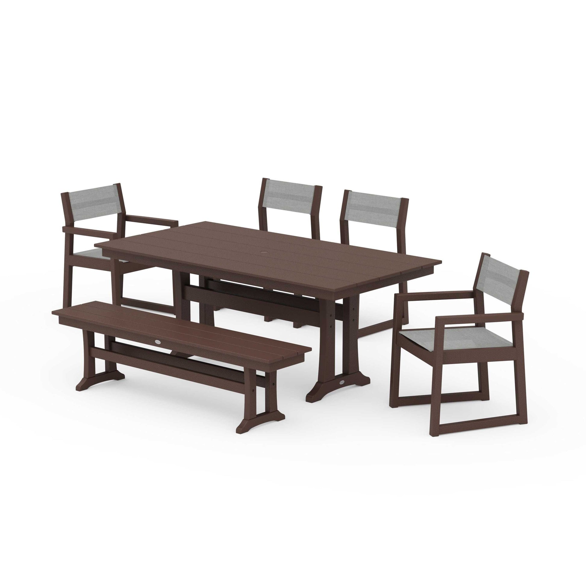 POLYWOOD EDGE Sling 6-Piece Farmhouse Dining Set With Trestle Legs — Mahogany / Metallic Sling