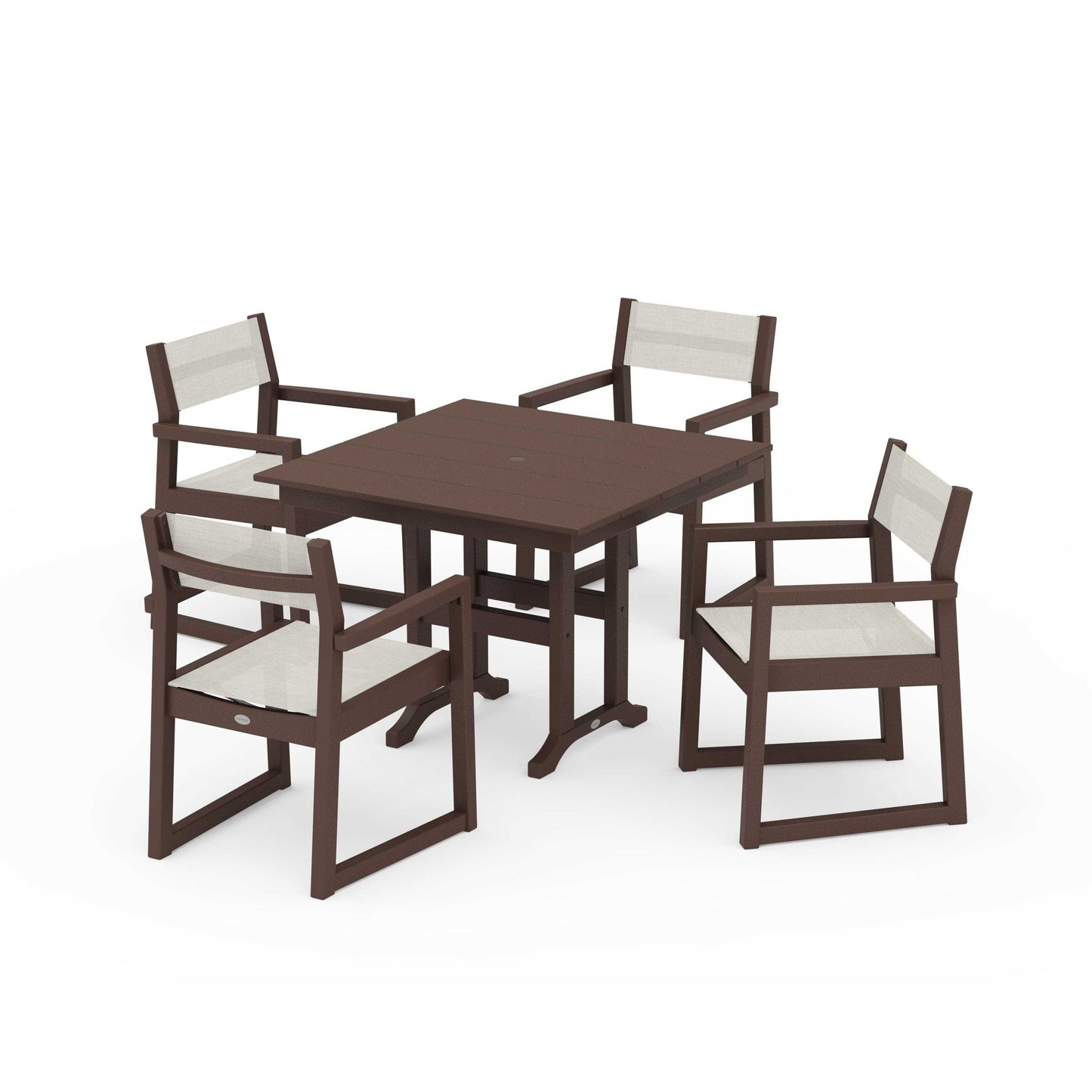 POLYWOOD EDGE Sling Arm Chair 5-Piece Farmhouse Dining Set — Mahogany / Parchment Sling