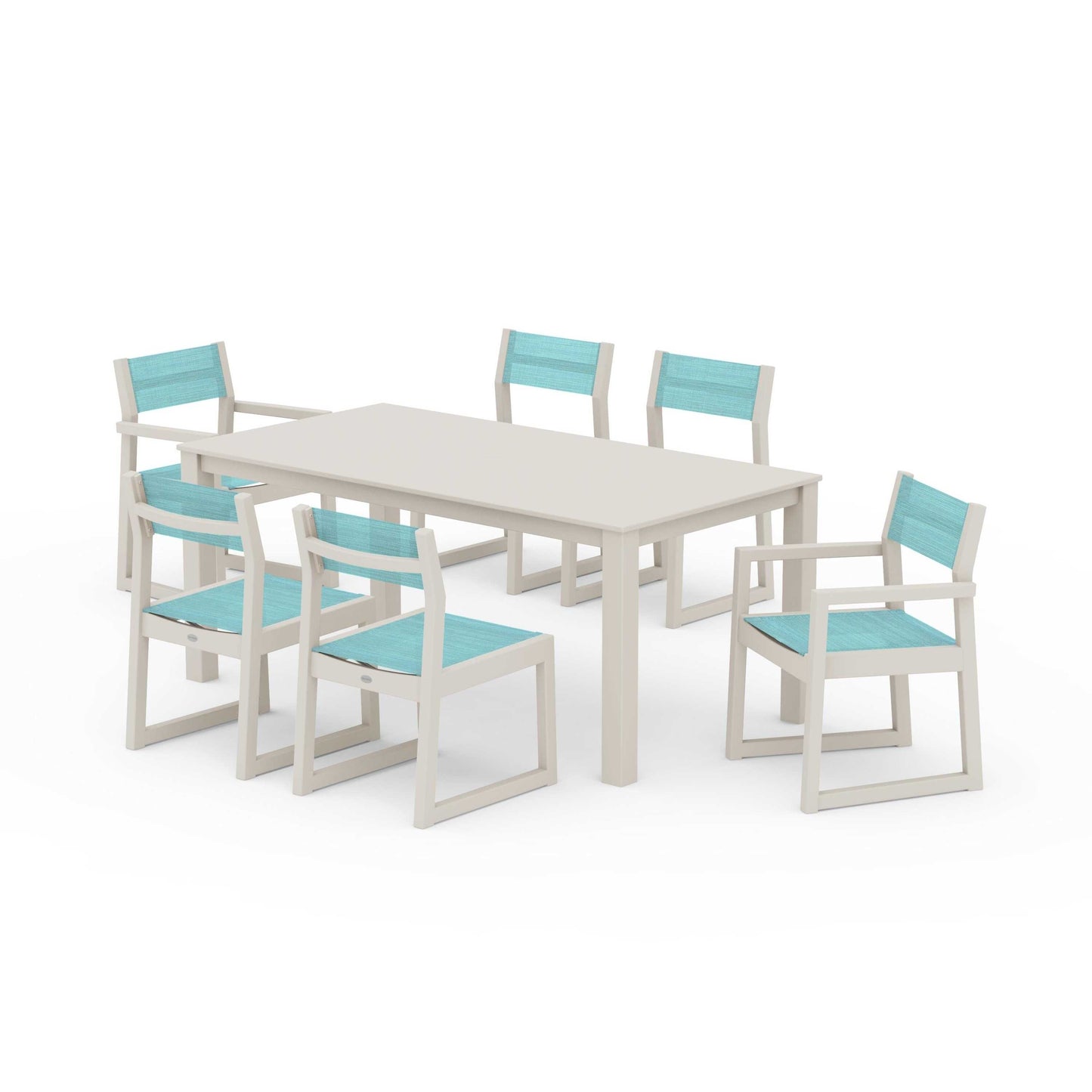 POLYWOOD EDGE Sling 7-Piece Parsons Dining Set — Sand / Dupioni Aquamarine Sling