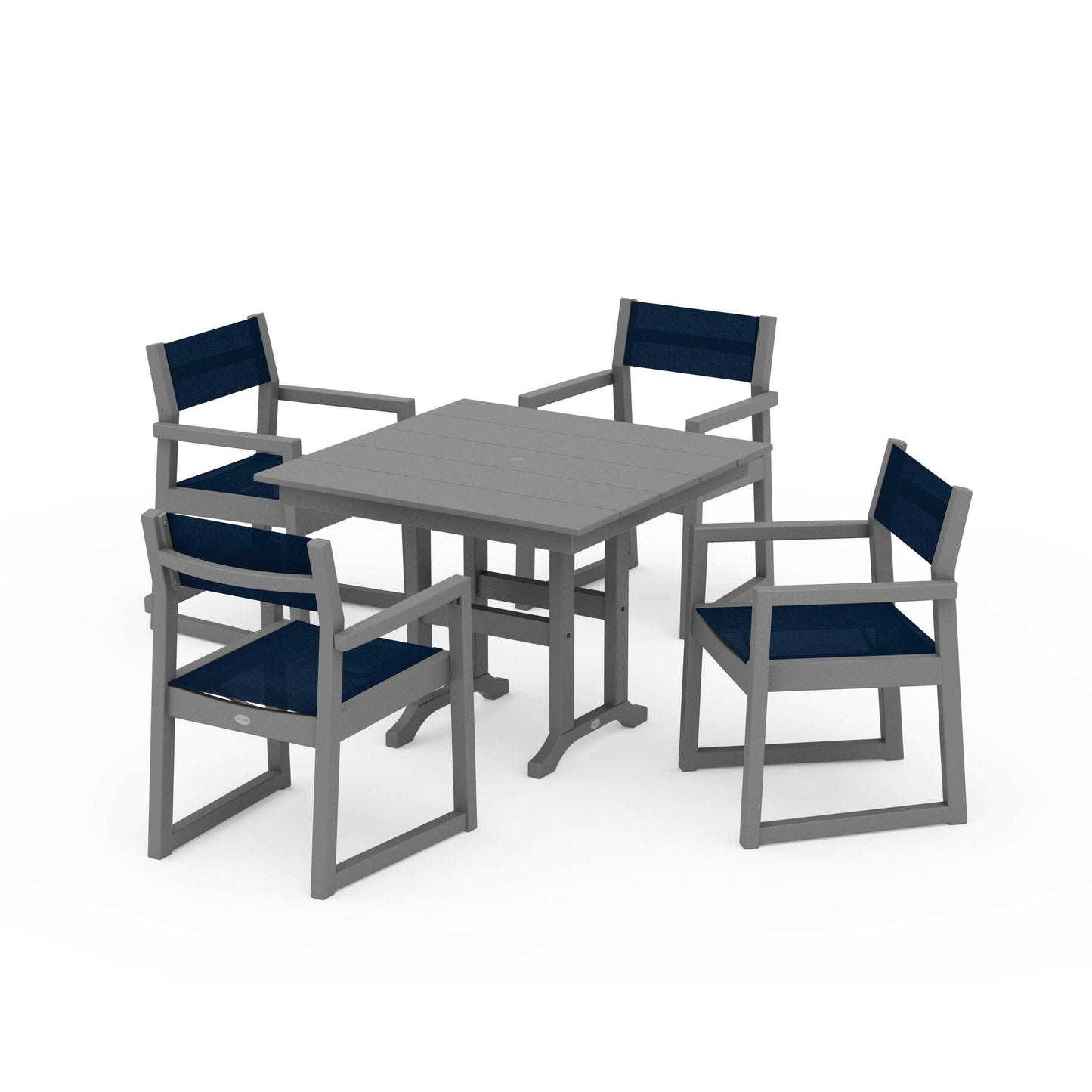 POLYWOOD EDGE Sling Arm Chair 5-Piece Farmhouse Dining Set — Slate Grey / Navy Blue Sling