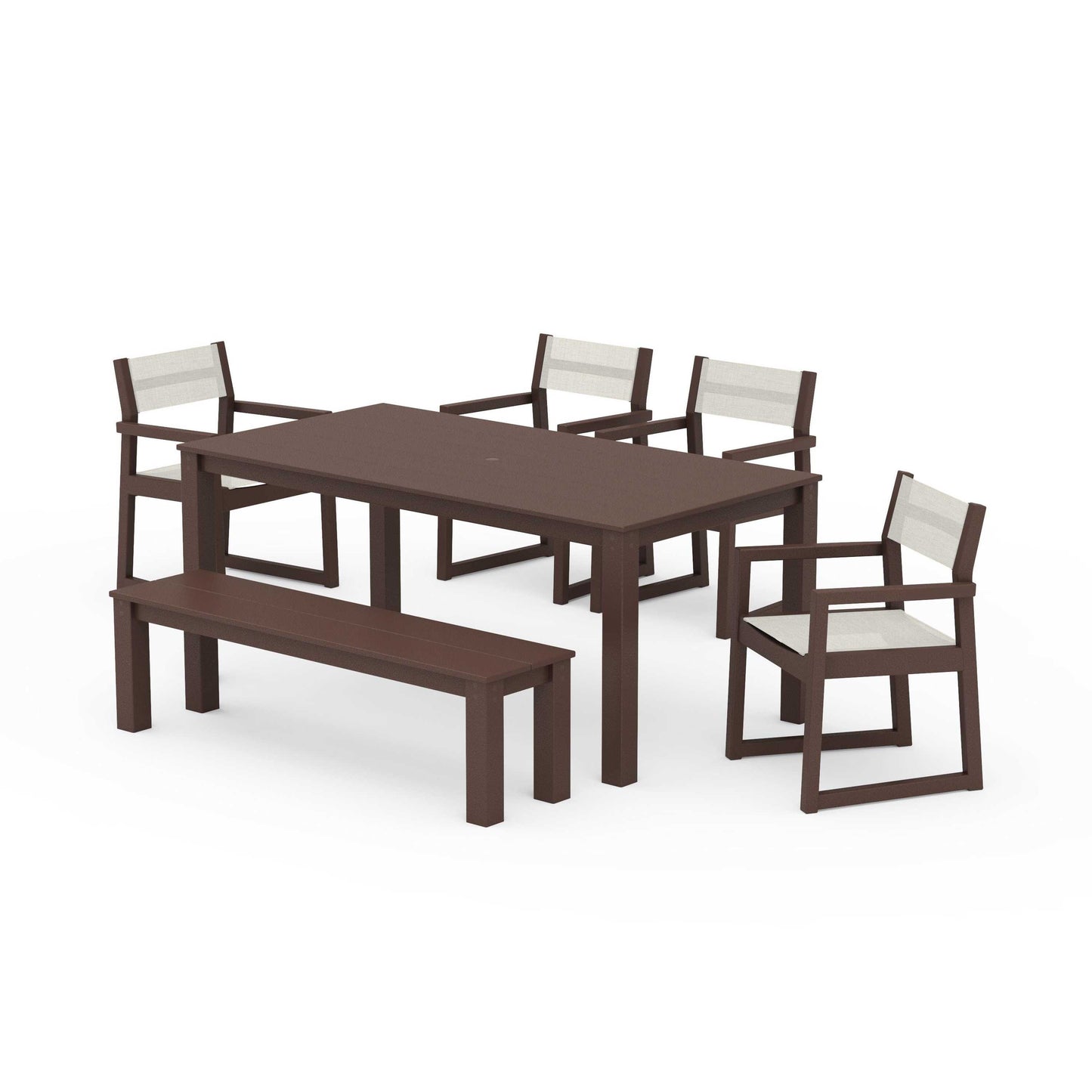 POLYWOOD EDGE Sling Arm Chair 6-Piece Parsons Dining Set with Bench — Mahogany / Parchment Sling