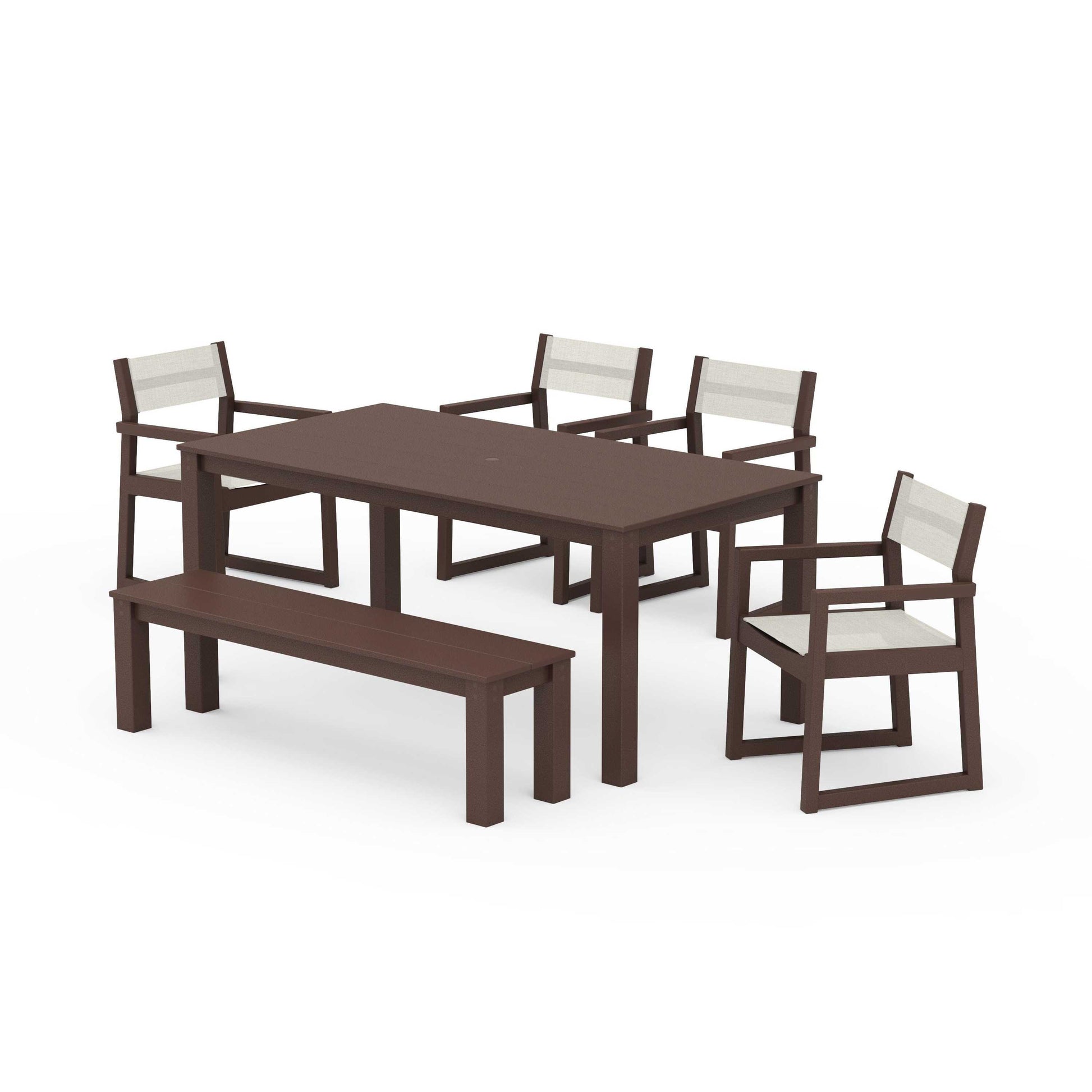 POLYWOOD EDGE Sling Arm Chair 6-Piece Parsons Dining Set with Bench — Mahogany / Parchment Sling
