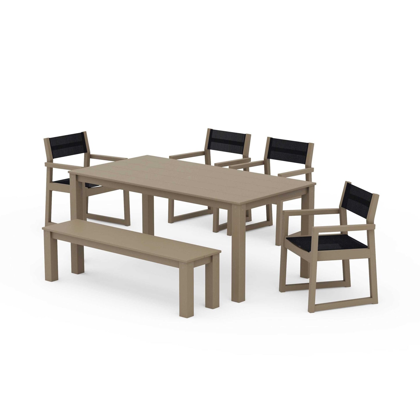 POLYWOOD EDGE Sling Arm Chair 6-Piece Parsons Dining Set with Bench — Vintage Sahara / Black Sling