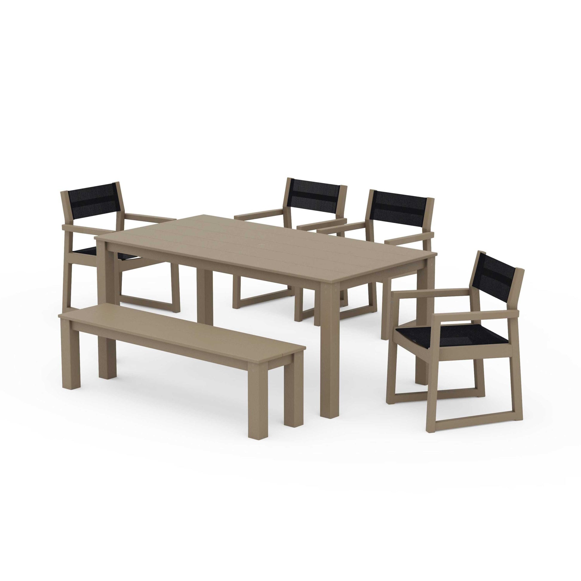POLYWOOD EDGE Sling Arm Chair 6-Piece Parsons Dining Set with Bench — Vintage Sahara / Black Sling